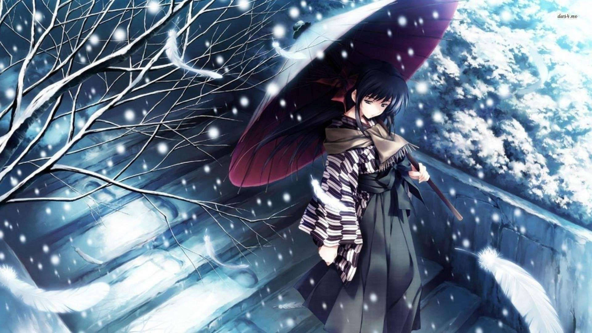 憂鬱動漫女孩 桌布 壁紙 — 一個孤獨的動漫女孩，深色頭髮，在飄雪中拿著紅色雨傘，旁邊是光禿禿的冬季樹木。