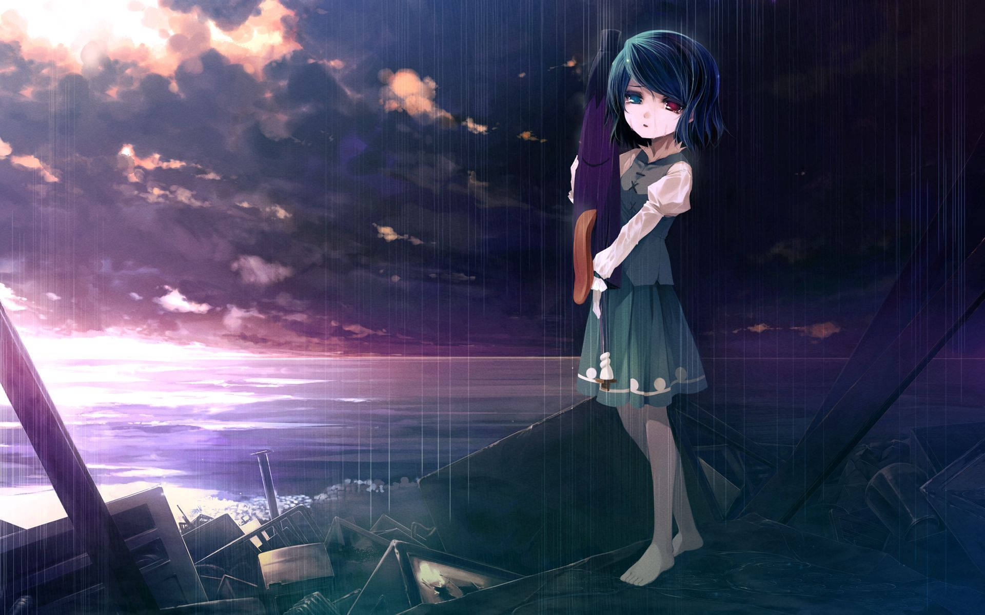 Sad Girl 桌布 壁紙 — 一個孤獨的動漫女孩，深色頭髮，赤腳站在廢墟屋頂上，暴風雨紫色天空下，雨點落下。