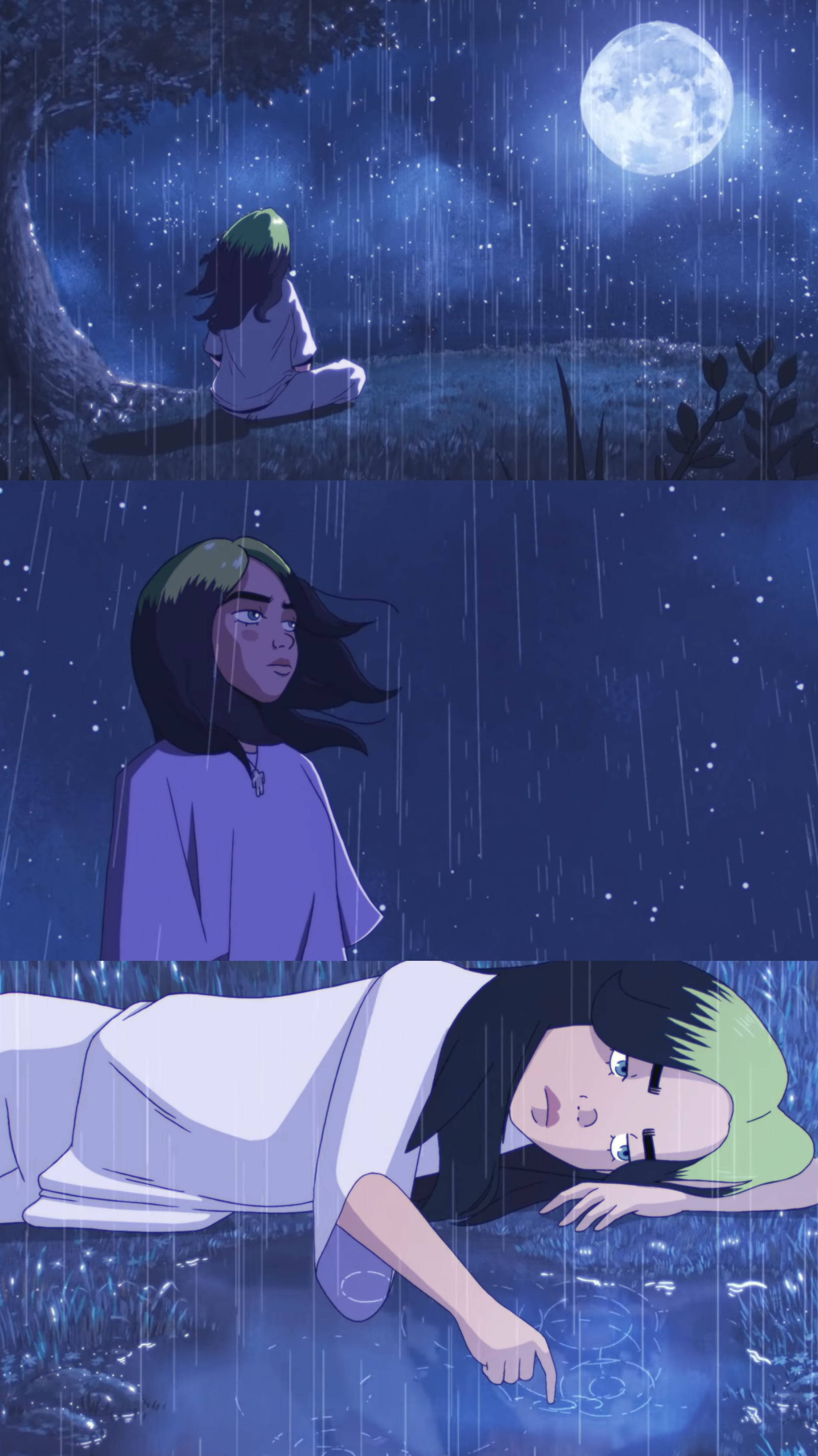 綠色頭髮的動漫女孩在滿月下坐在和躺在雨中。 — 怪奇比莉 GIF 壁紙