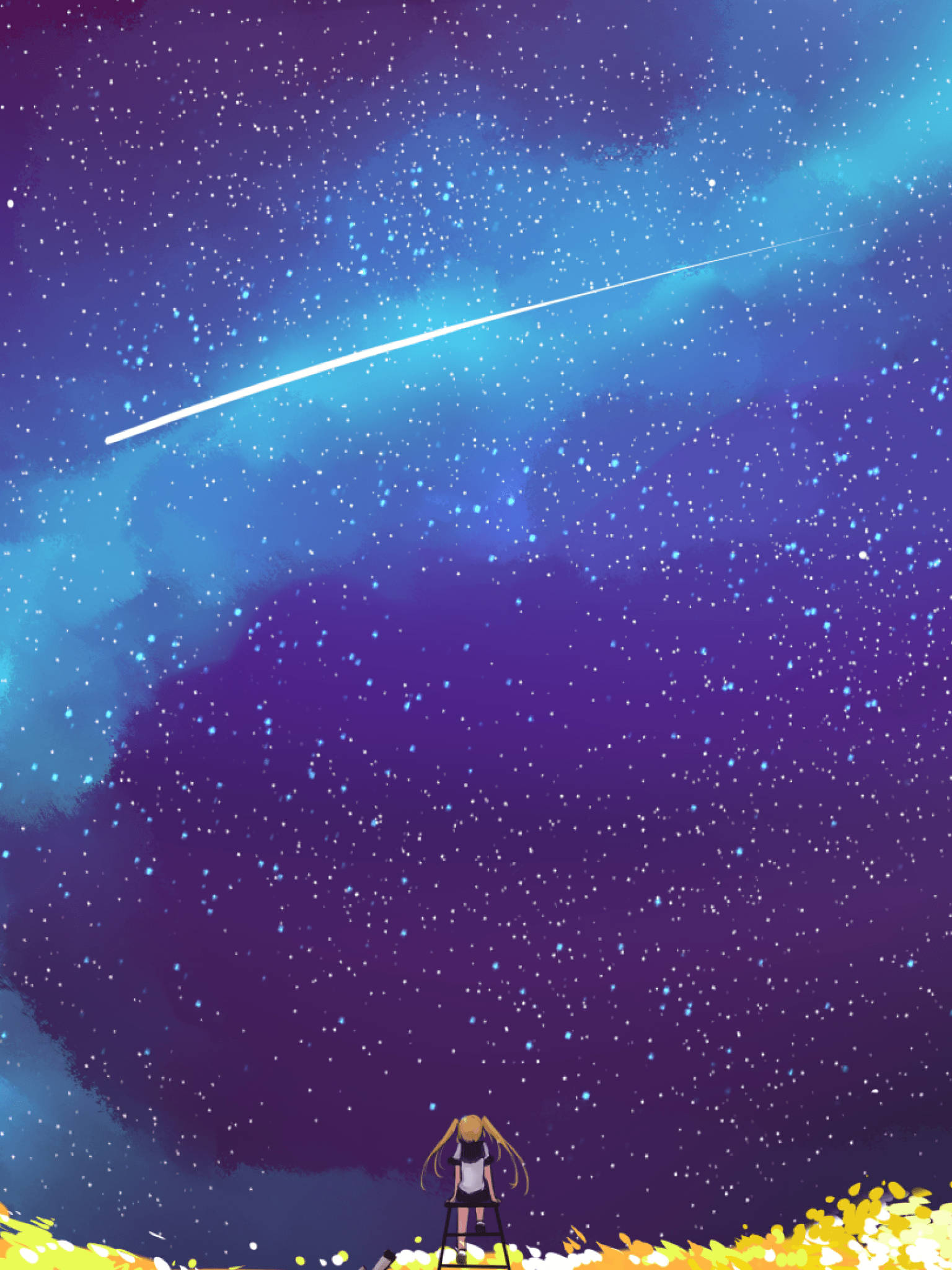 酷炫星系 桌布 壁紙 — 一個孤獨的動漫女孩，金色雙馬尾，站在梯子上凝視著被明亮流星劃過的充滿活力的紫色和藍色星空。