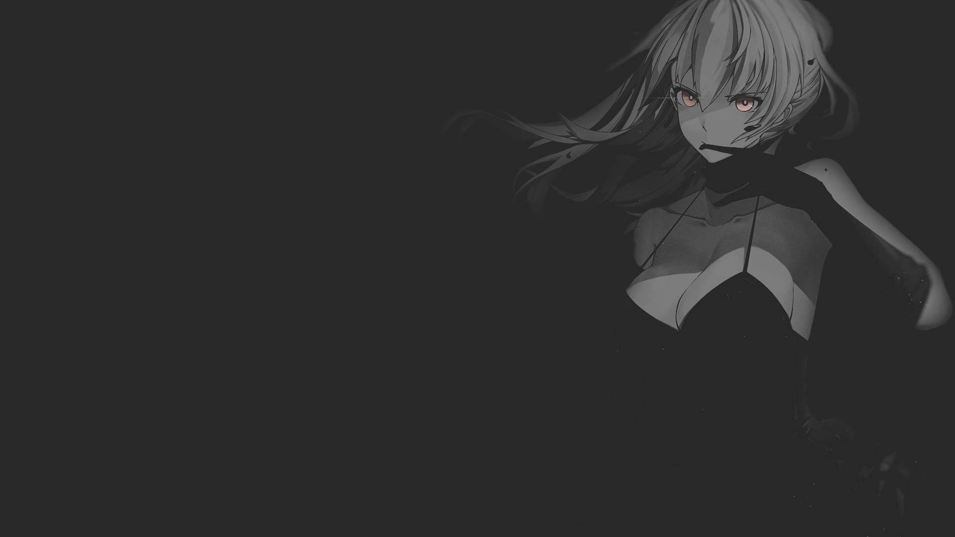 Black And White Anime 桌布 壁紙 — 一個孤獨的動漫女孩，銀色頭髮和紅色眼睛，在黑暗背景下強烈凝視。