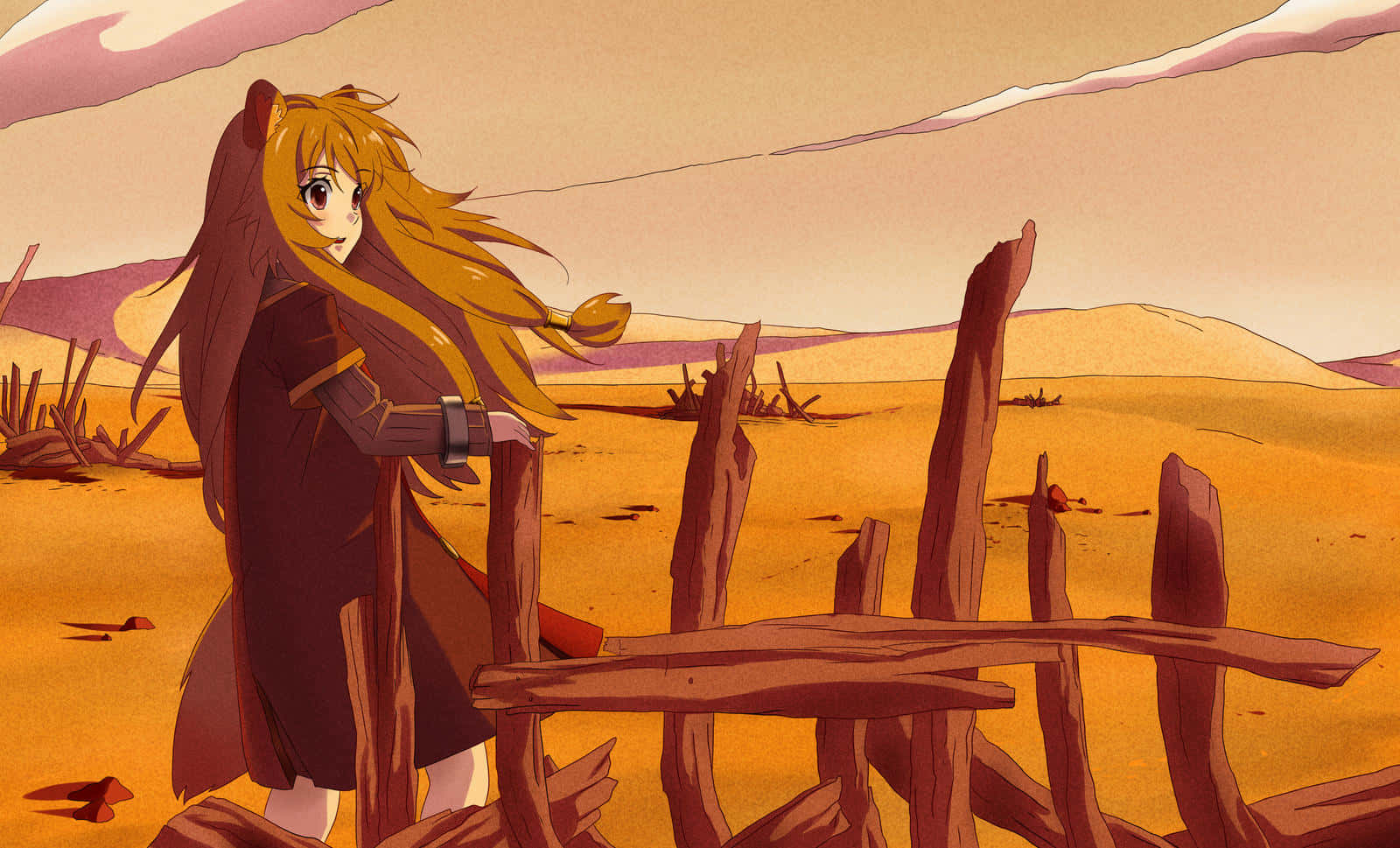 Shield Hero 桌布 壁紙 — 一個孤獨的動漫女孩，長長的金色頭髮，站在廣闊沙漠中破舊的木柵欄旁，溫暖的夕陽天空下。