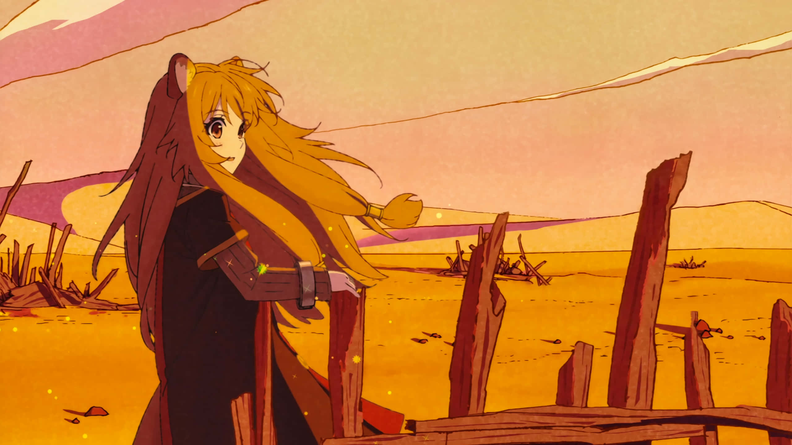 Shield Hero 桌布 壁紙 — 一個孤獨的動漫女孩，長長的金髮，站在溫暖色調的沙漠中，夕陽下，旁邊是破爛的木柵欄。