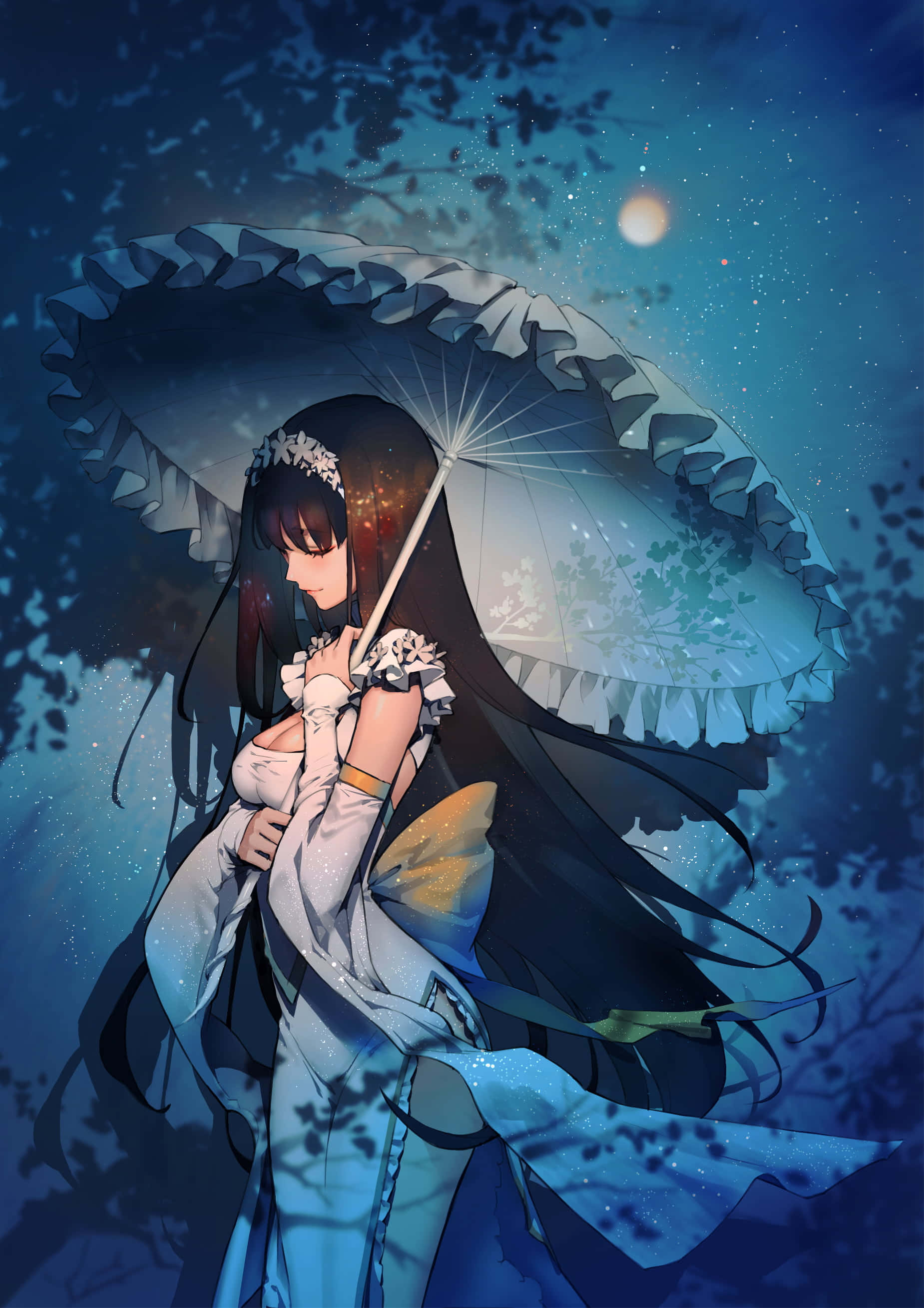 動漫女孩 桌布 壁紙 — 一個孤獨的動漫女孩，長長的黑髮，在繁星點點的夜空下，拿著一把荷葉邊陽傘，月亮閃閃發光。