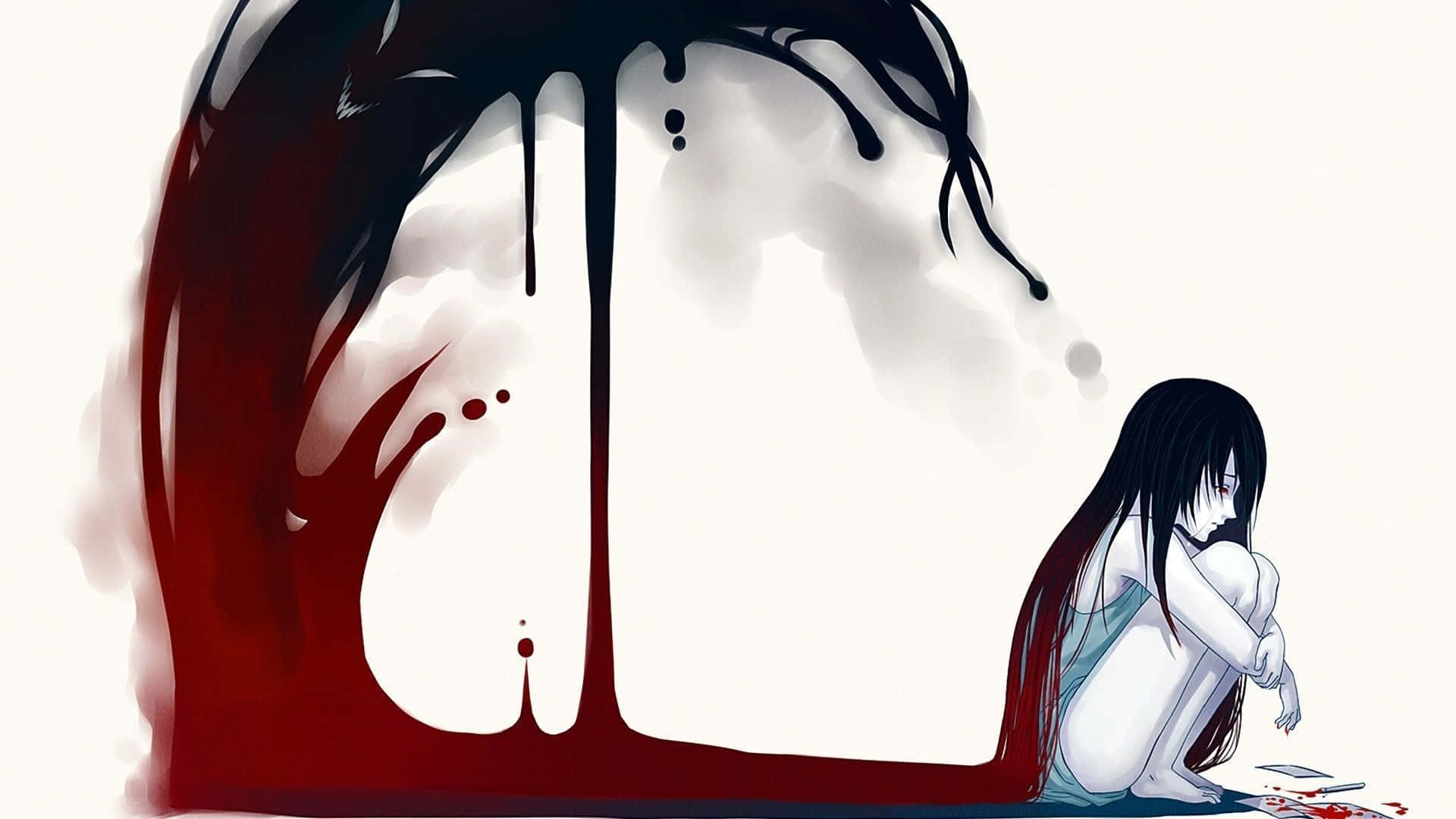 Blood Aesthetic 桌布 壁紙 — 一個孤獨的動漫女孩，長長的黑髮，蜷縮在地板上，旁邊是一個巨大的滴落紅色和黑色抽象形狀。