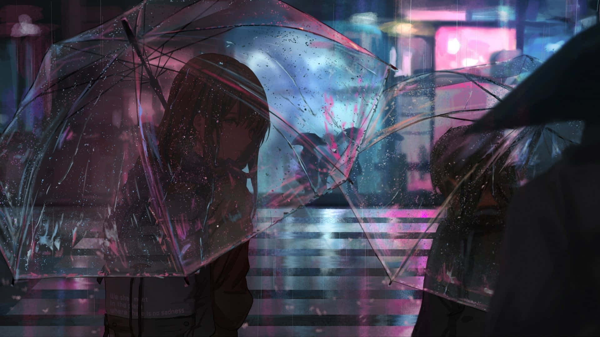sadness 桌布 壁紙 — 一個孤獨的動漫女孩，長長的黑髮，在夜晚雨中的霓虹燈城市街道上，站在一把透明雨傘下。