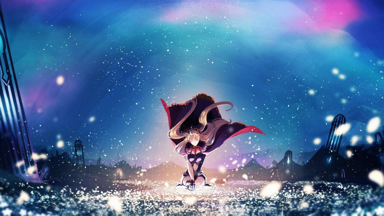 Fate/Grand Order 桌布 壁紙 — 一個孤獨的動漫女孩，長髮飄逸，披著斗篷，跪在發光的田野中，在充滿活力的星空暮色天空下。