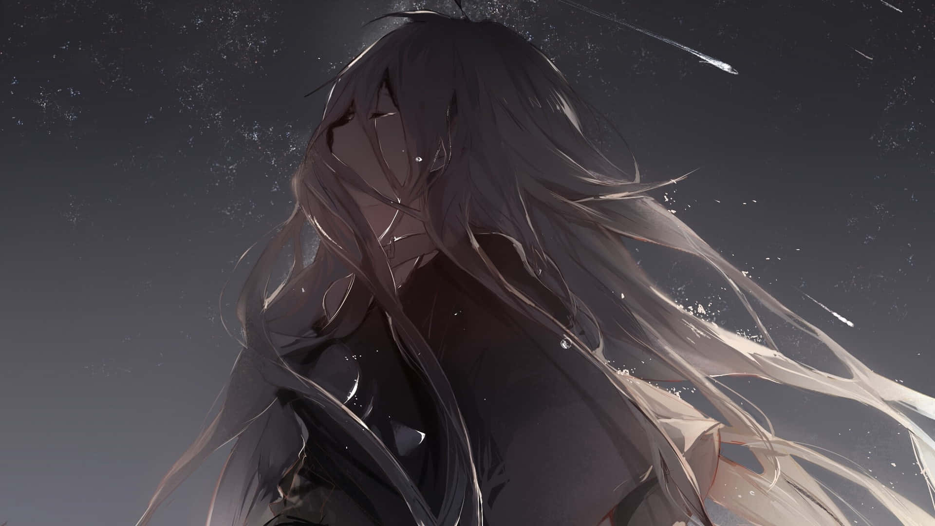 Crying 桌布 壁紙 — 一個孤獨的動漫女孩，長髮飄逸，站在繁星點點的夜空下，光線從她身邊掠過。