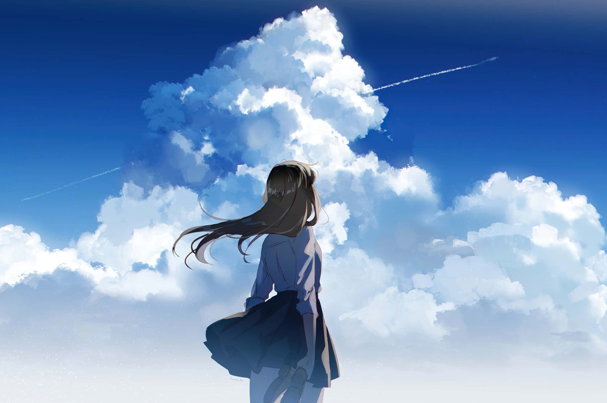Anime Sky 桌布 壁紙 — 一個孤獨的動漫女孩，頭髮飄逸，仰望廣闊的藍天，天空充滿蓬鬆的白雲和飛機尾跡。