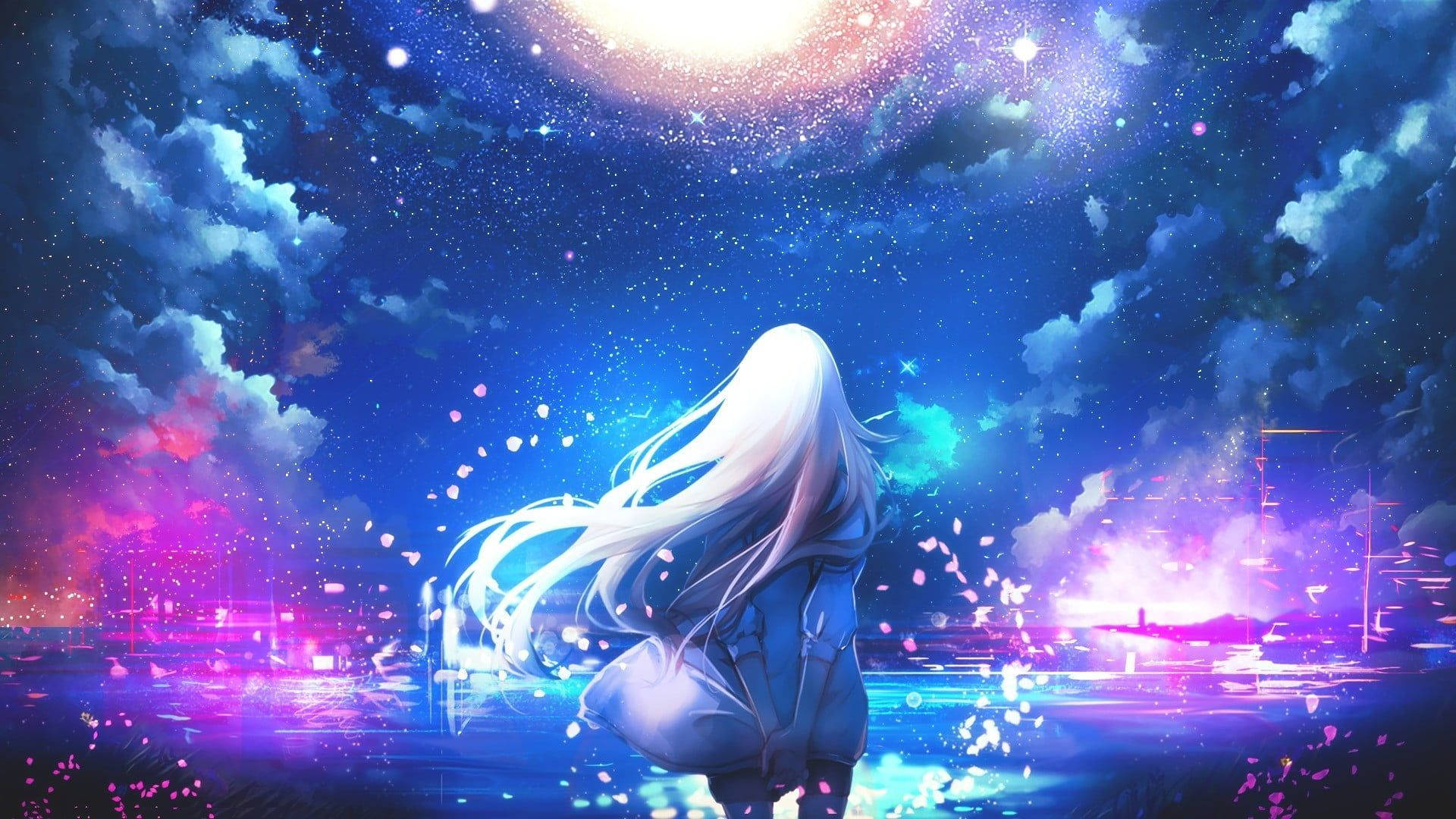 酷炫星系 桌布 壁紙 — 一個孤獨的動漫女孩，飄逸的白髮，站在發光的霓虹城市景觀中，下方是星光燦爛的宇宙天空。