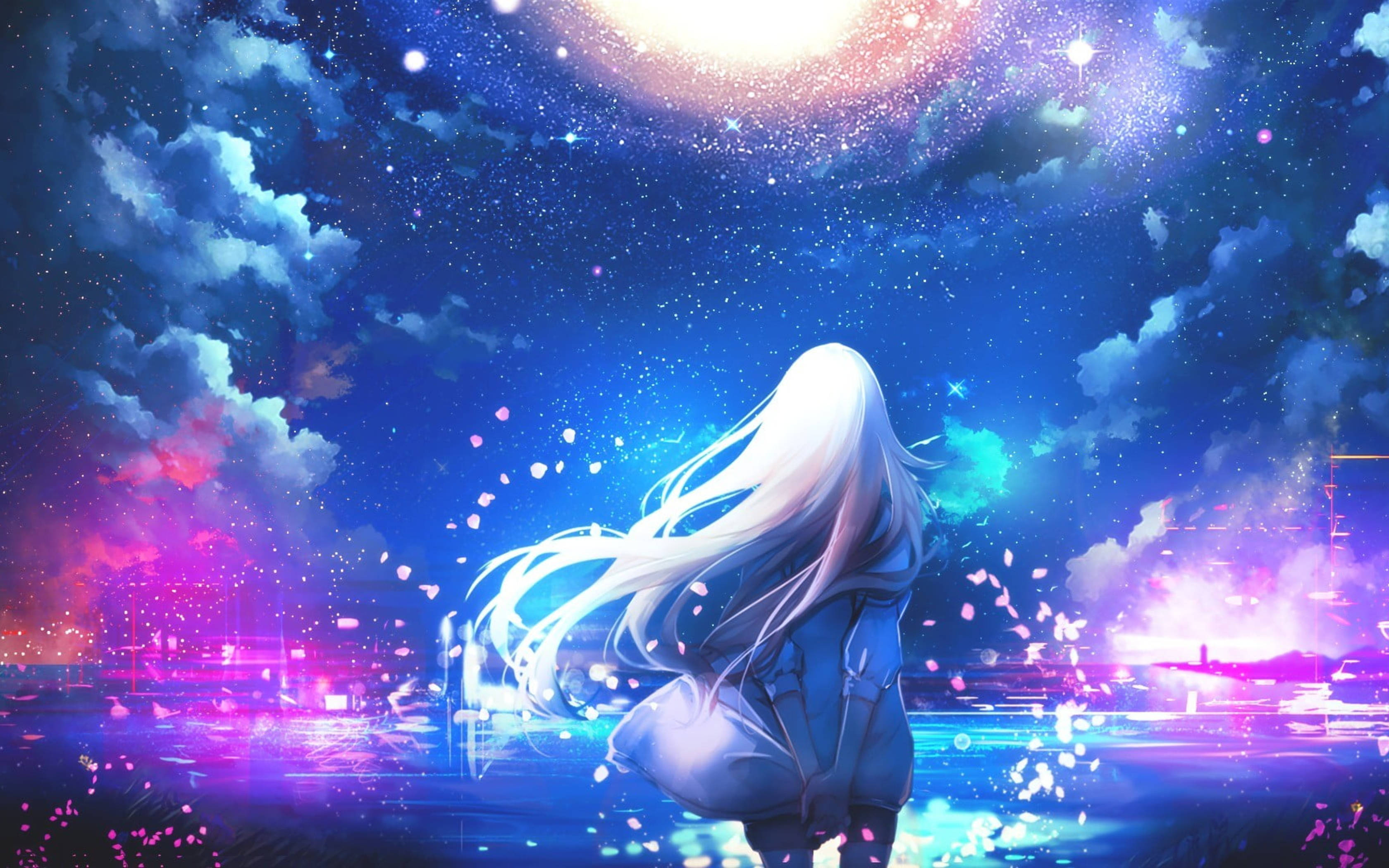 Animated Girl 桌布 壁紙 — 一個孤獨的動漫女孩，飄逸的白髮，仰望充滿星星和發光星雲的充滿活力的宇宙天空。
