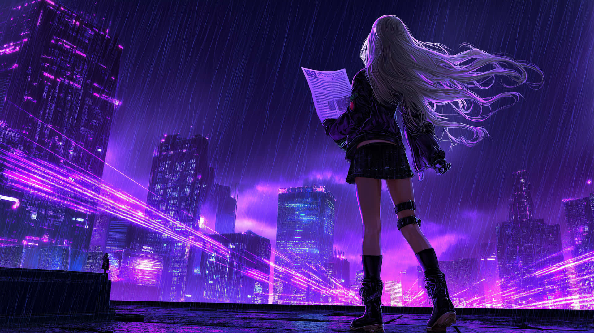 Woman with Documents on Rooftop, Cyberpunk City Rain Scene 壁紙 — 一個孤獨的動漫女孩，飄逸的白髮，站在屋頂上看報紙，霓虹紫色的雨灑落在發光的賽博龐克城市景觀上。