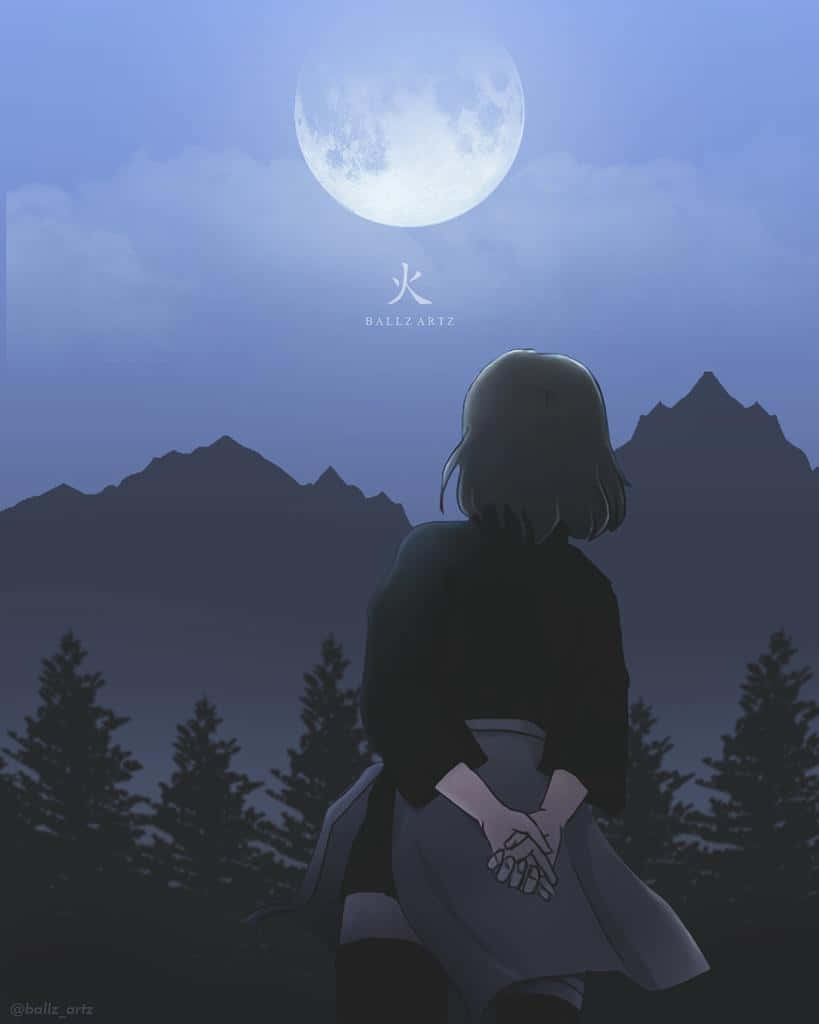 Sad Aesthetic Naruto 桌布 壁紙 — 一個孤獨的動漫女孩以剪影姿態站在月光下的山脈和松樹前。