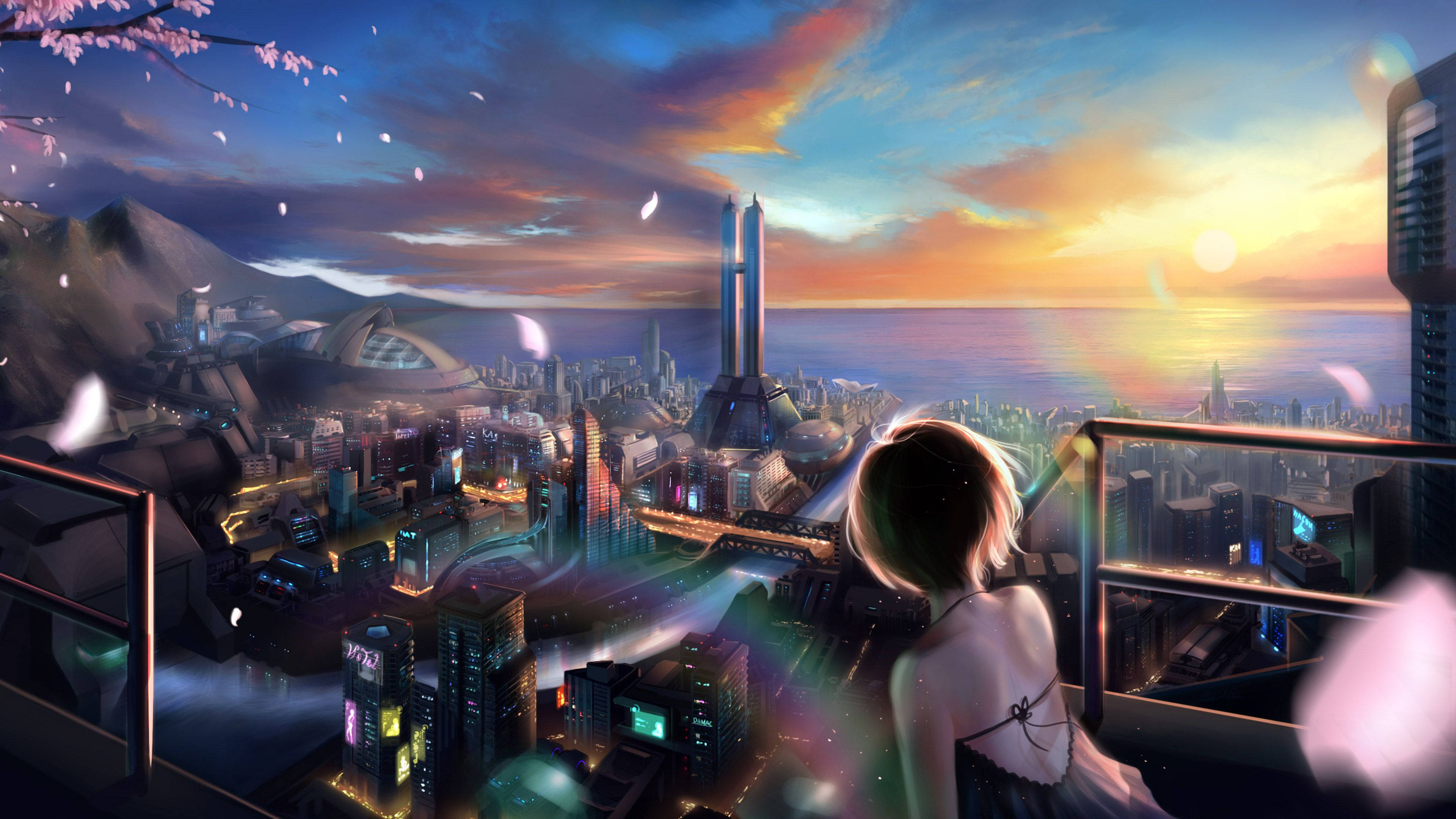 Anime Gaming 桌布 壁紙 — 一個孤獨的動漫女孩凝視著在夕陽天空下閃耀的未來城市景觀，櫻花飄落。