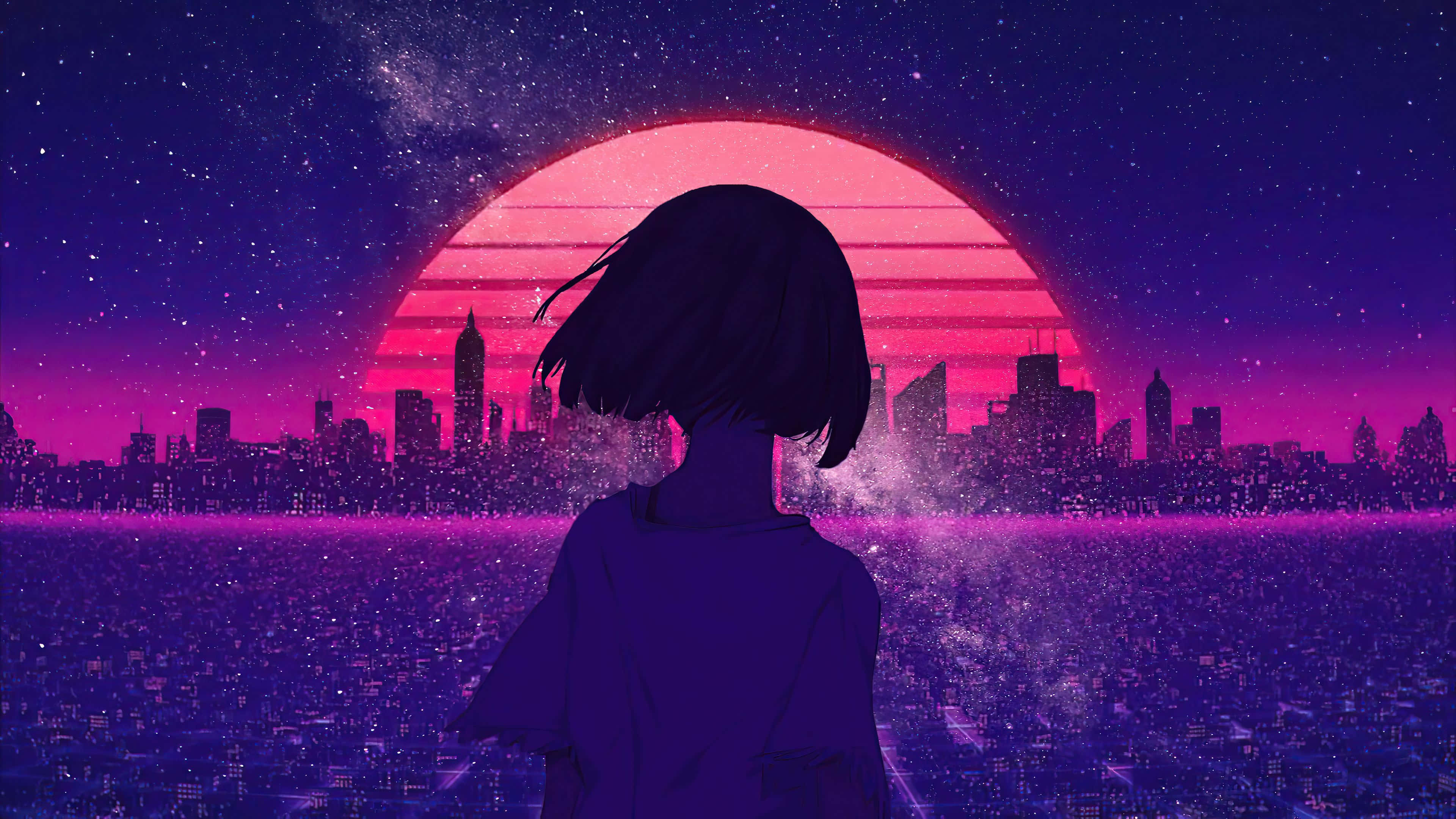 動漫藝術GIF 桌布 壁紙 — 一個孤獨的動漫女孩凝視著在繁星點點的紫色天空下，未來城市天際線上一輪發光的粉紅色夕陽。