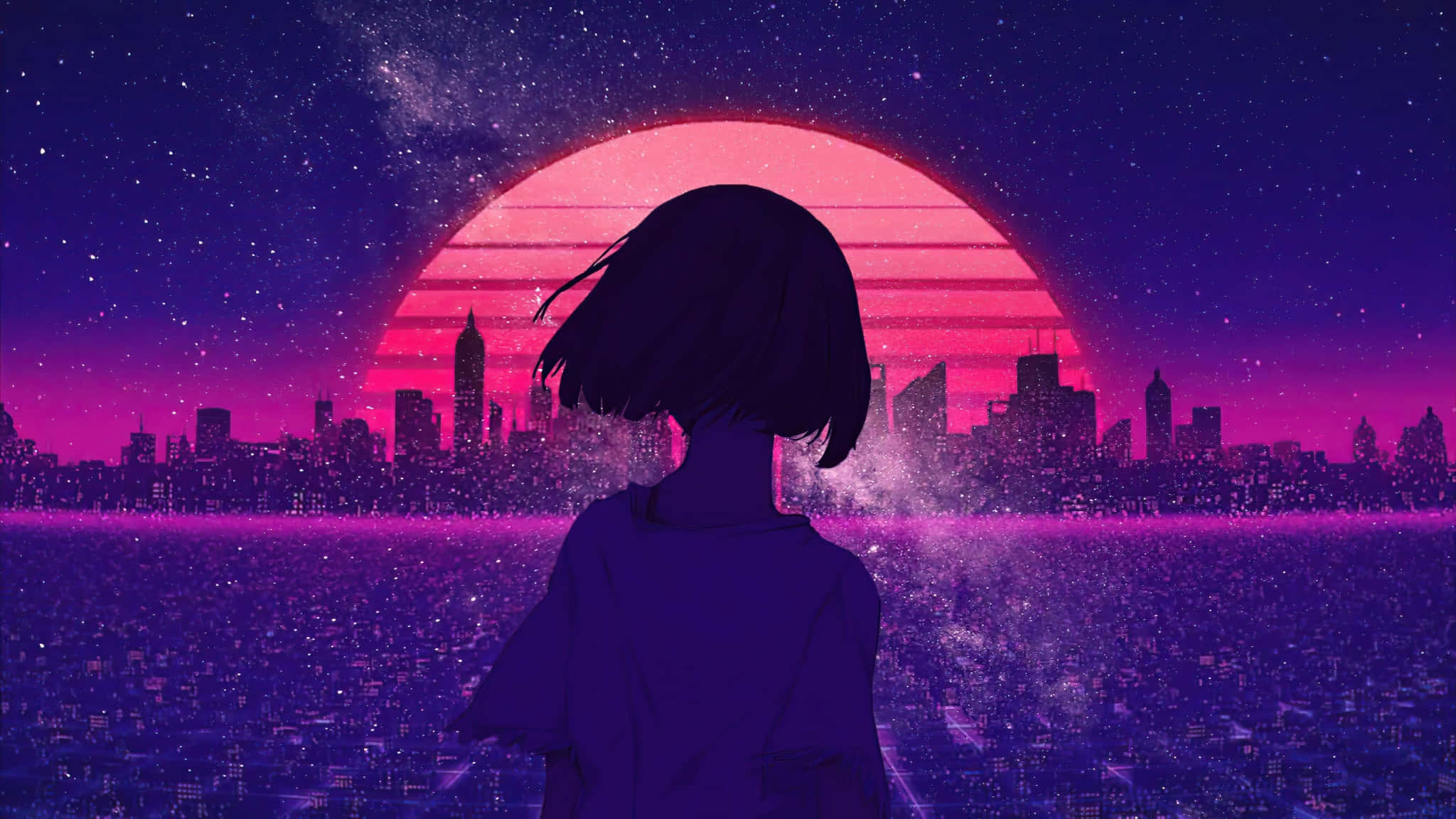 動漫女孩 桌布 壁紙 — 一個孤獨的動漫女孩凝視著在繁星點點的紫色天空下，未來城市天際線上閃耀的粉紅色夕陽。