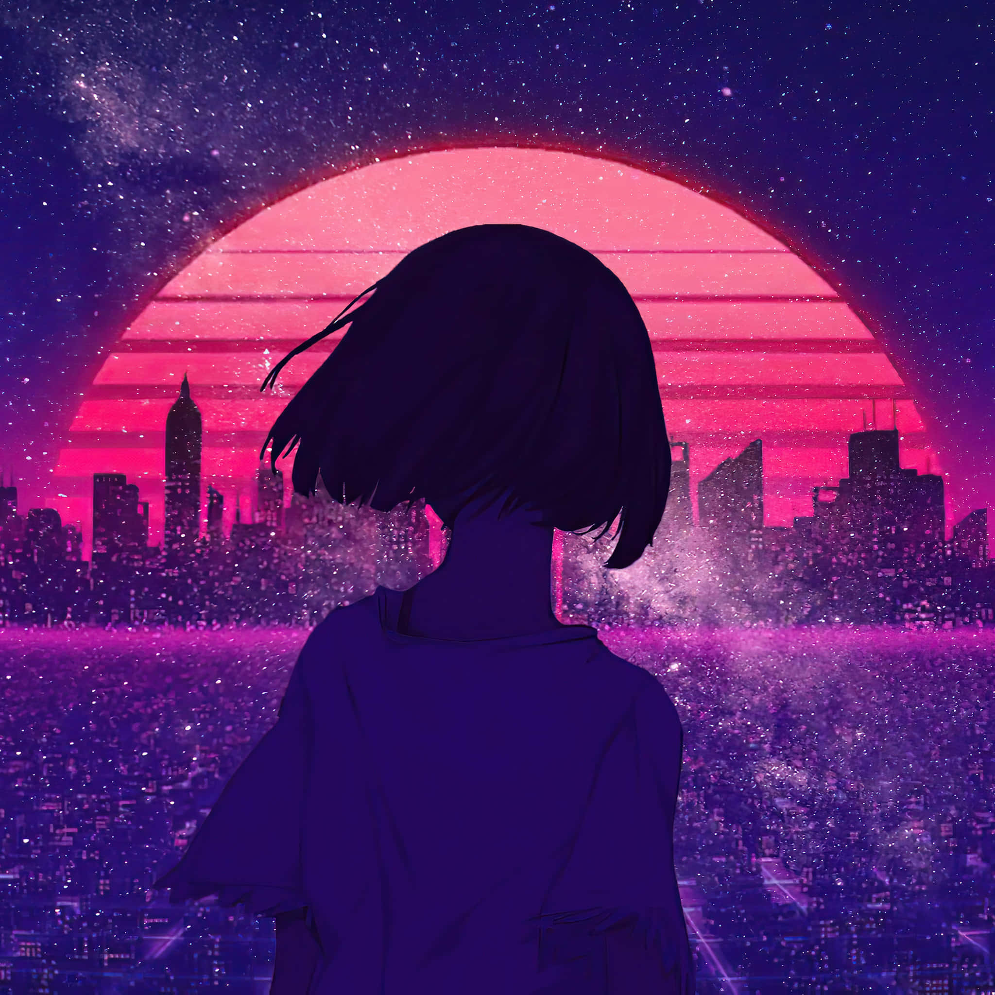 動漫藝術GIF 桌布 壁紙 — 一個孤獨的動漫女孩剪影凝視著在繁星點點的紫色天空下，閃爍著未來城市景觀上發光的粉紅色夕陽。