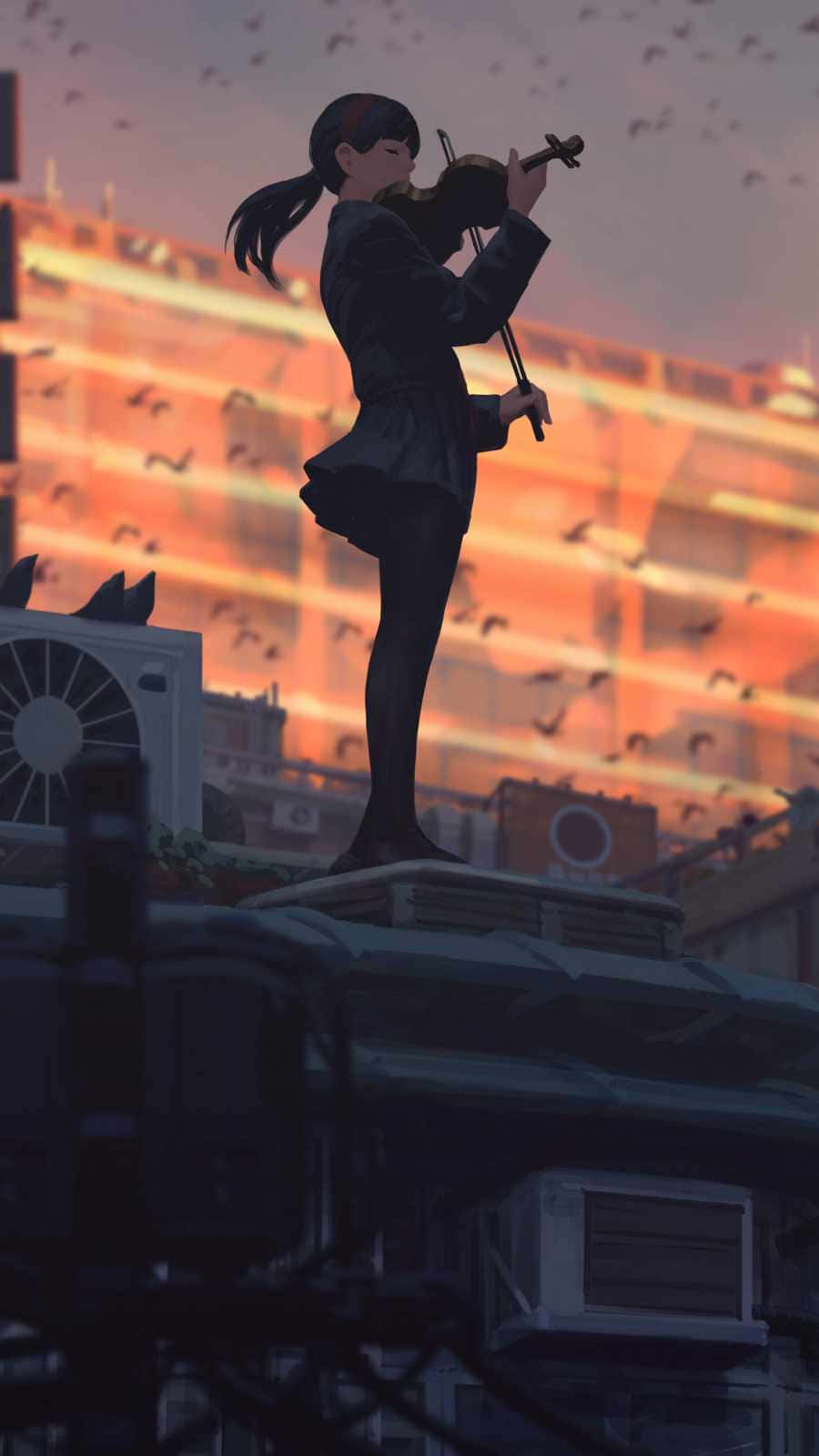 Silhouette 桌布 壁紙 — 一個孤獨的動漫女孩在屋頂上拉小提琴，鳥兒在閃耀的夕陽城市天際中飛翔。