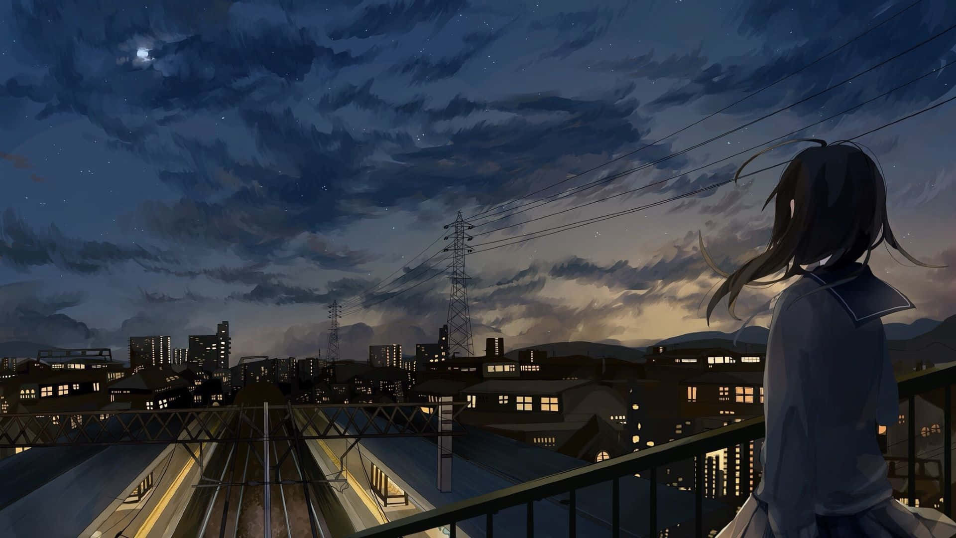 Aesthetic Anime City 桌布 壁紙 — 一個孤獨的動漫女孩在屋頂陽台上凝視著閃爍城市景觀上方的星空。
