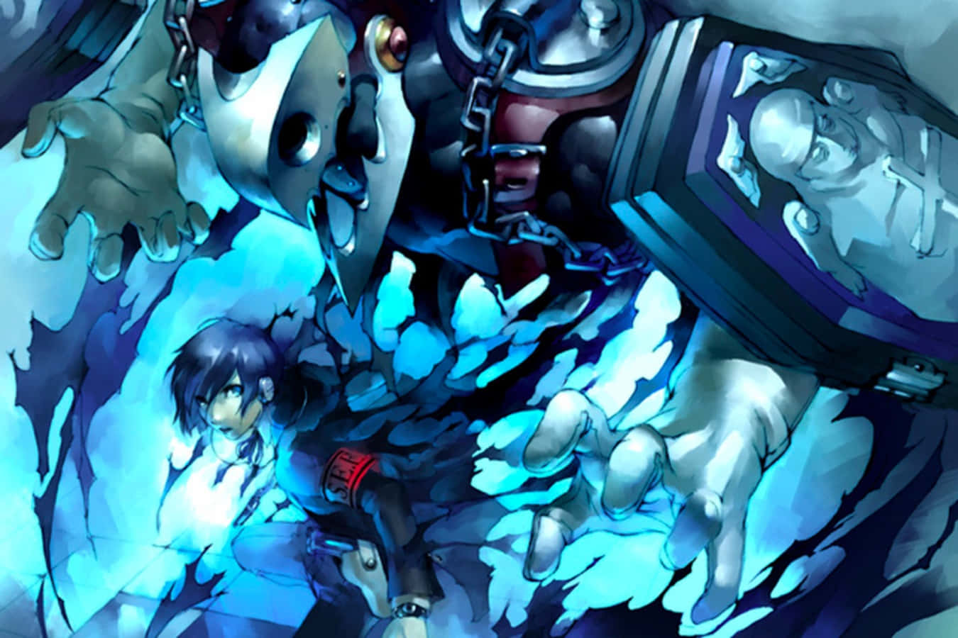 Persona 5 桌布 壁紙 — 一個孤獨的動漫女孩在發光的藍色光環中對抗黑暗冰凍環境中的巨型機械怪物。