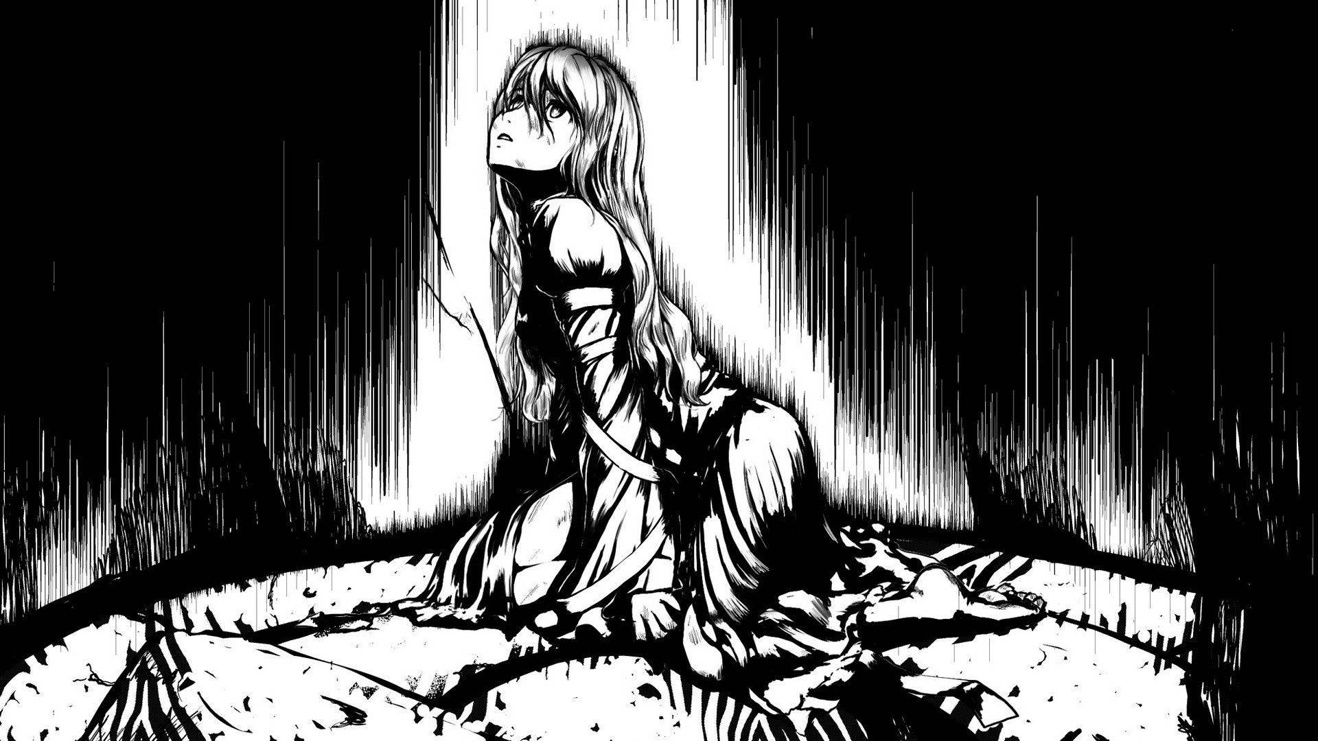 Scared 桌布 壁紙 — 一個孤獨的動漫女孩在鮮明的黑白中跪下，被一道垂直的光束照亮，背景是黑暗且佈滿雨痕的。