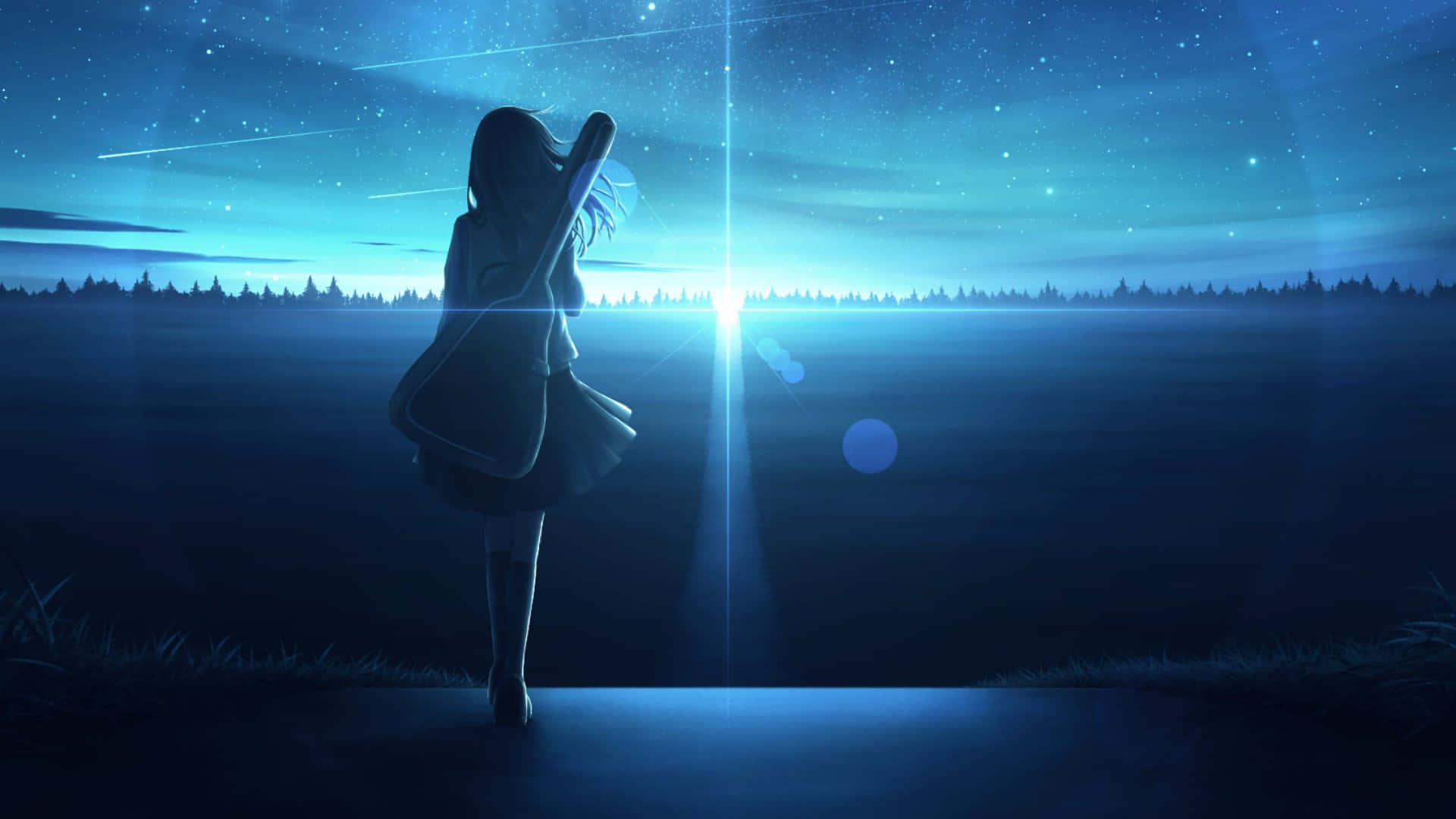 Lonely 桌布 壁紙 — 一個孤獨的動漫女孩在黃昏時分以剪影站立，在帶有鏡頭光暈的星空藍天下拿著吉他。