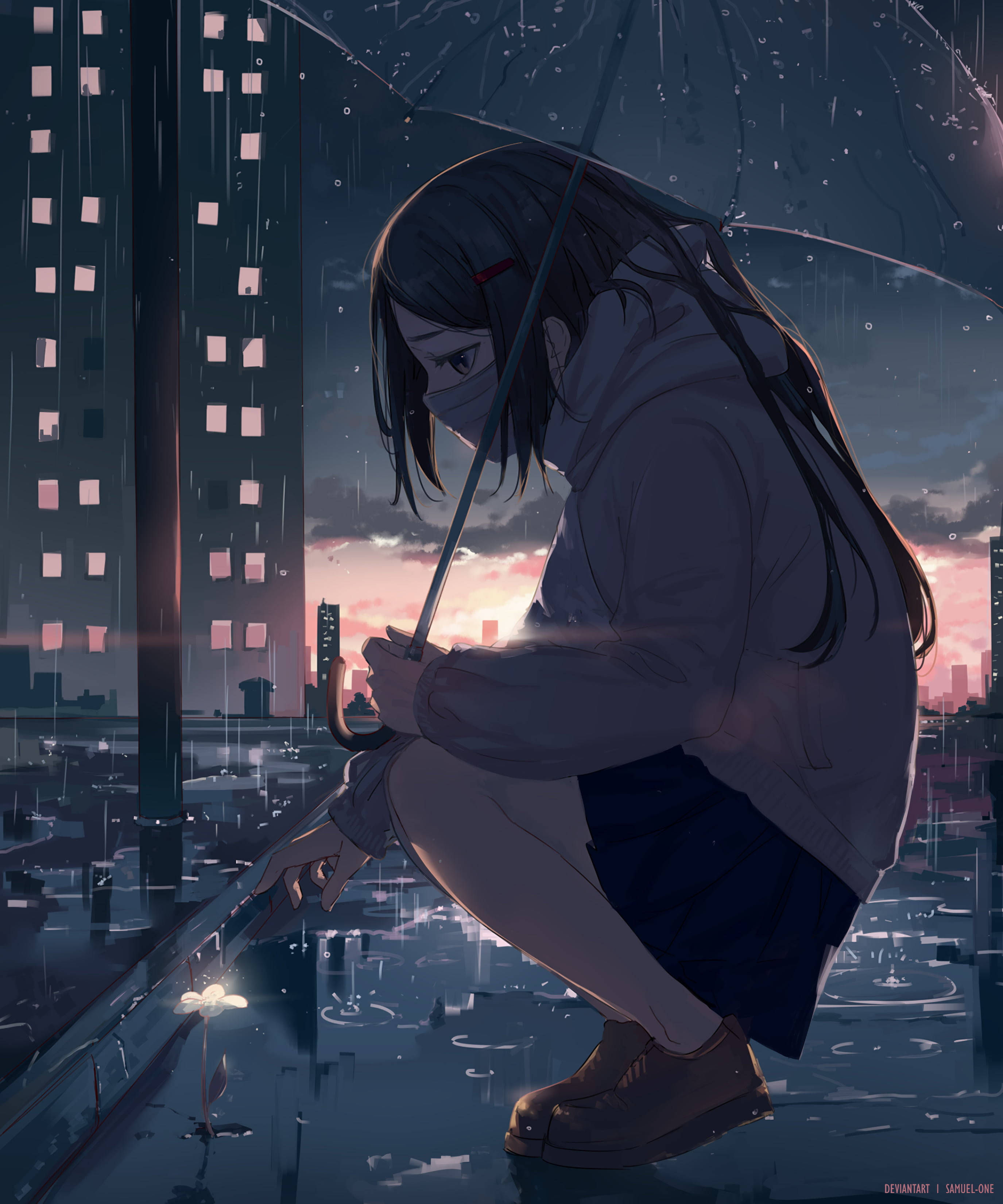 aesthetic sad anime girl 桌布 壁紙 — 一個孤獨的動漫女孩在黃昏時蹲在被洪水淹沒的城市景觀中，拿著雨傘，旁邊有一朵發光的花。