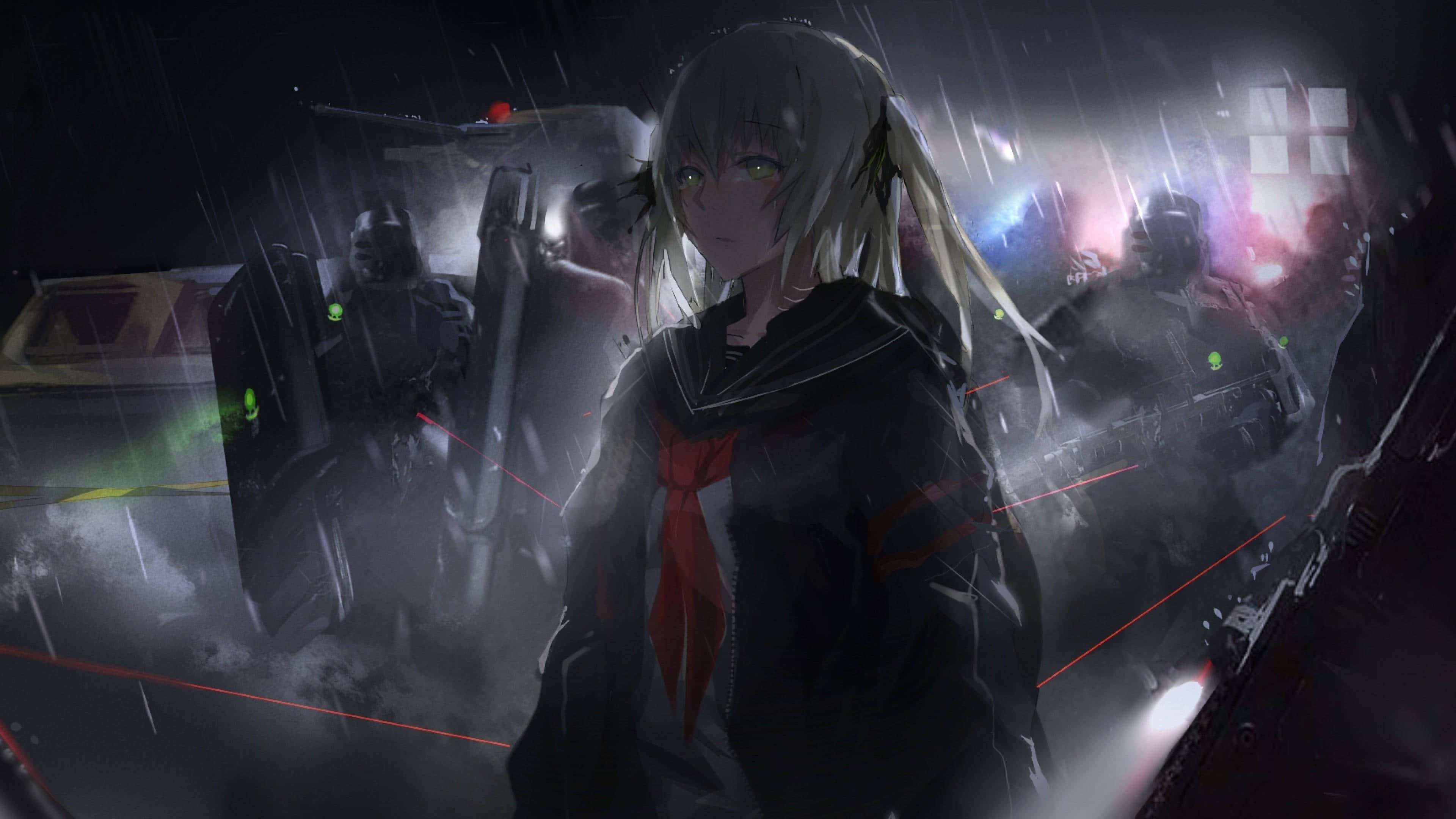 黑色動畫gif 桌布 壁紙 — 一個孤獨的動漫女孩在黑暗、雨水浸透的城市戰場上，背景有發光的紅色雷射光束和裝甲士兵在迷霧中。