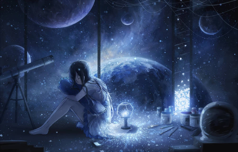 桌布 壁紙 — 一個孤獨的動漫女孩坐在一個星光燦爛的宇宙房間裡，周圍環繞著行星和一個發光的燈籠。