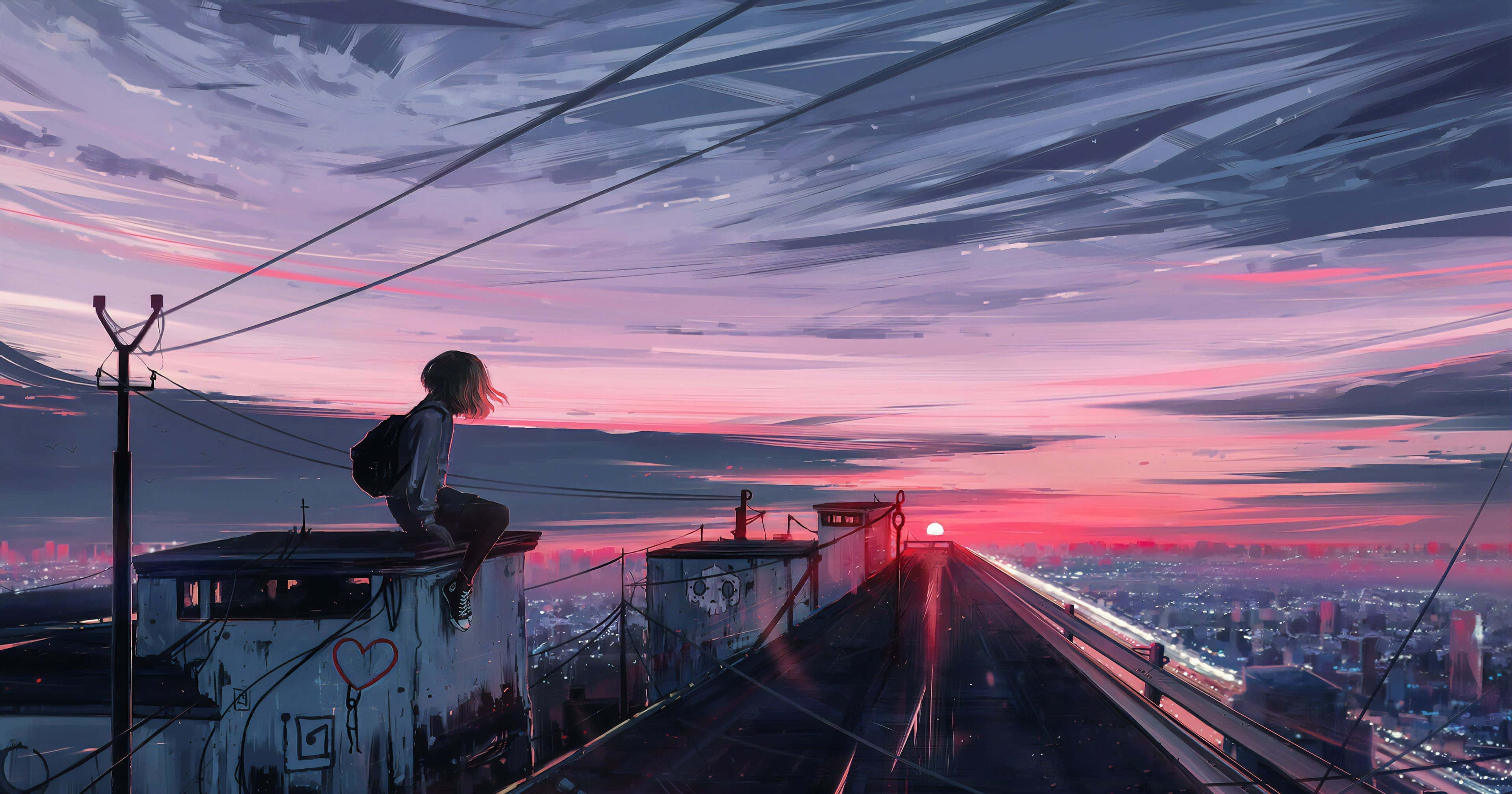 Girl Aesthetic Desktop 桌布 壁紙 — 一個孤獨的動漫女孩坐在屋頂上，俯瞰著夕陽下粉紅色和紫色天空的廣闊城市。