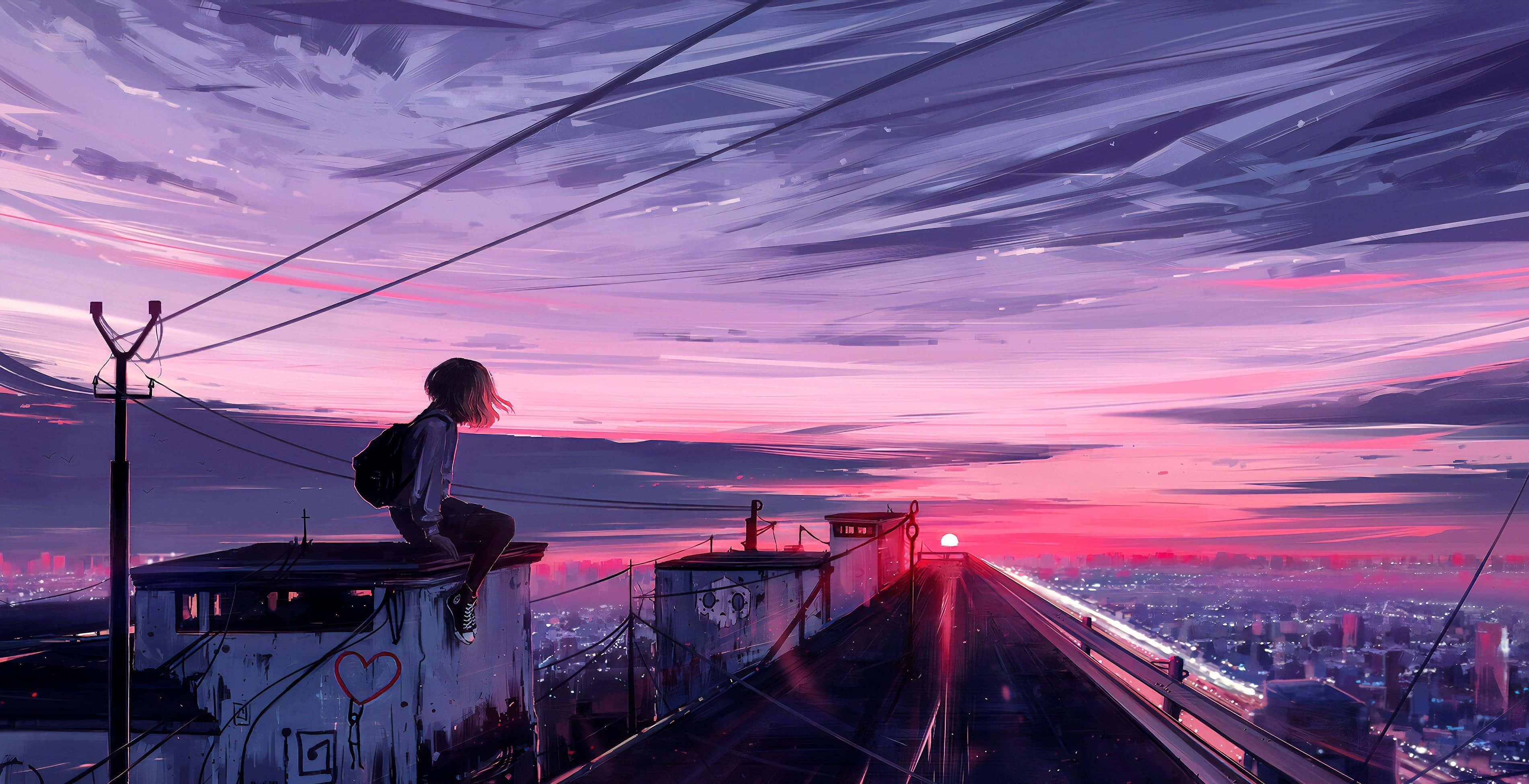 Anime Sunset 桌布 壁紙 — 一個孤獨的動漫女孩坐在屋頂上，俯瞰著夕陽下閃閃發光的城市，天空呈現粉紫色，雲彩呈條紋狀。