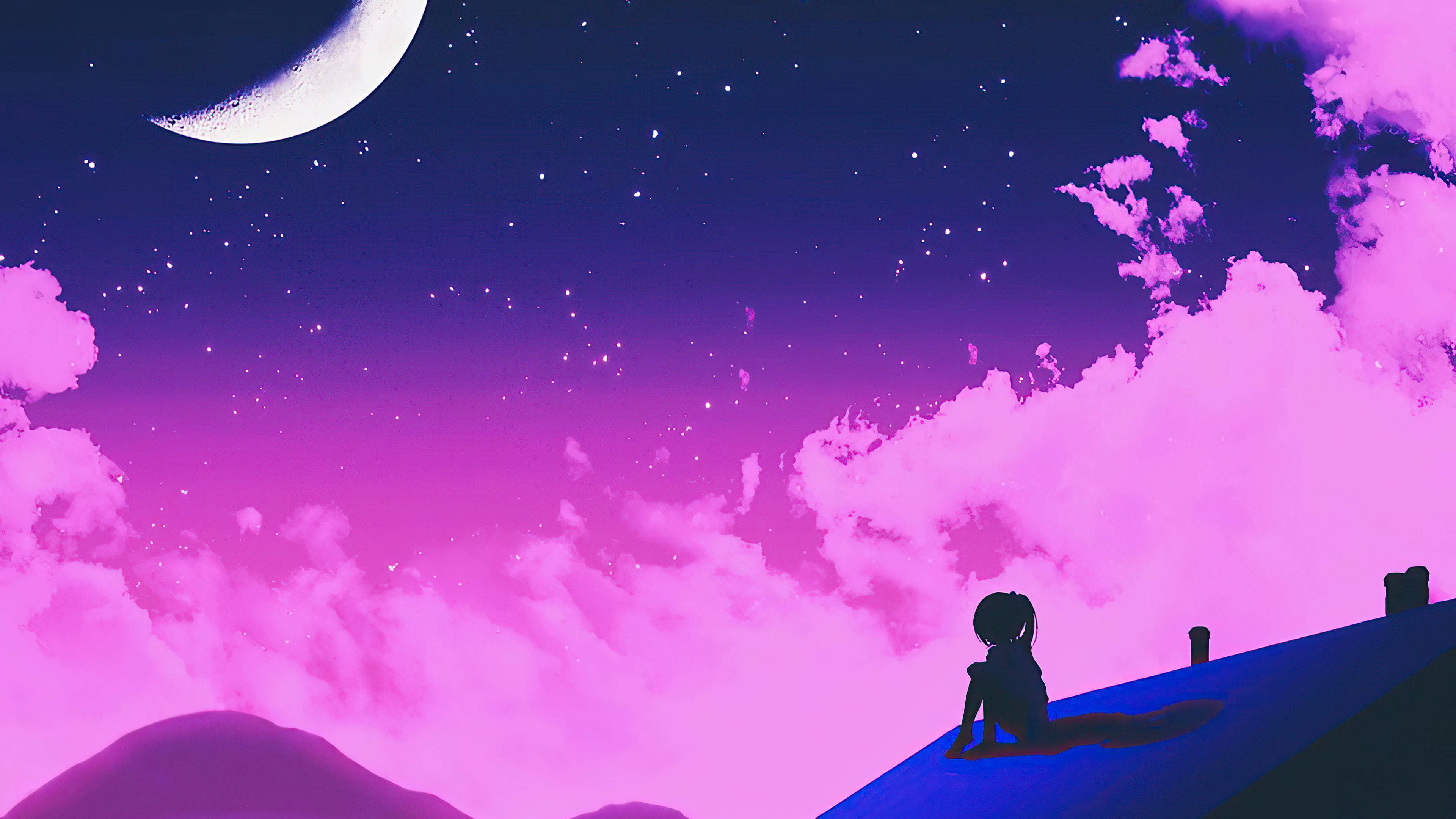 Alone 桌布 壁紙 — 一個孤獨的動漫女孩坐在山頂上，凝視著帶有新月和星星的充滿活力的紫色天空。