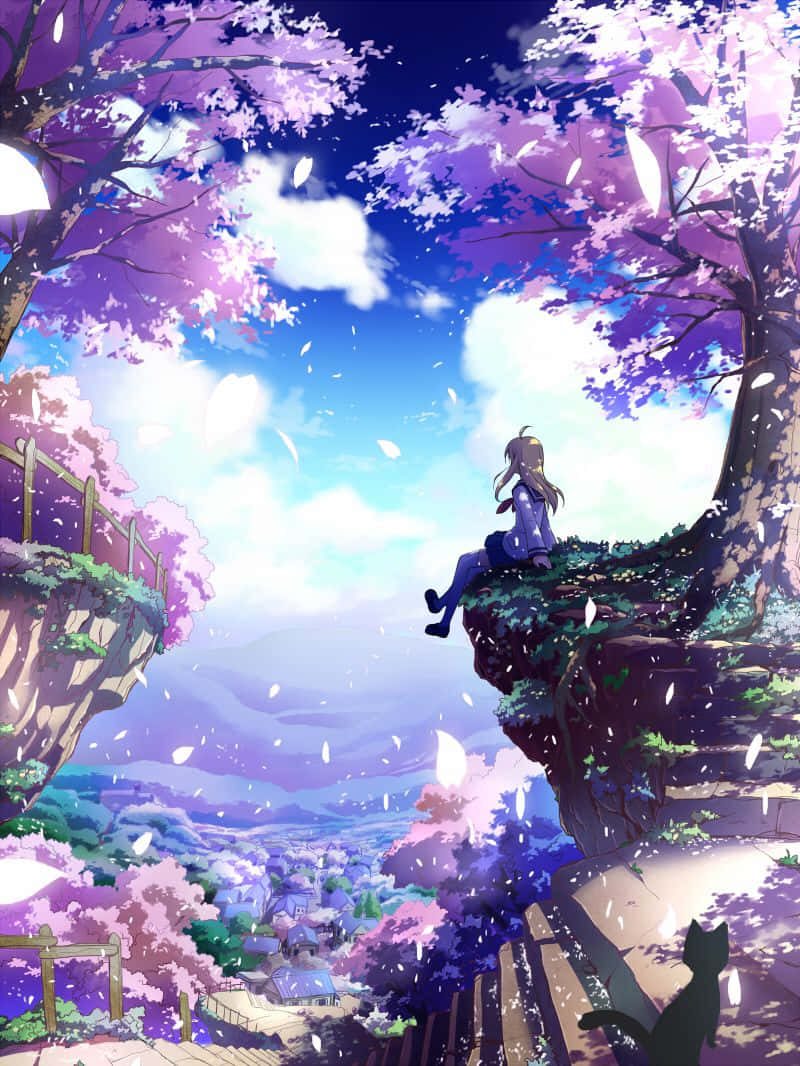 動漫藝術GIF 桌布 壁紙 — 一個孤獨的動漫女孩坐在懸崖頂上，盛開的櫻花樹下，花瓣飄落到下方的山谷小鎮。