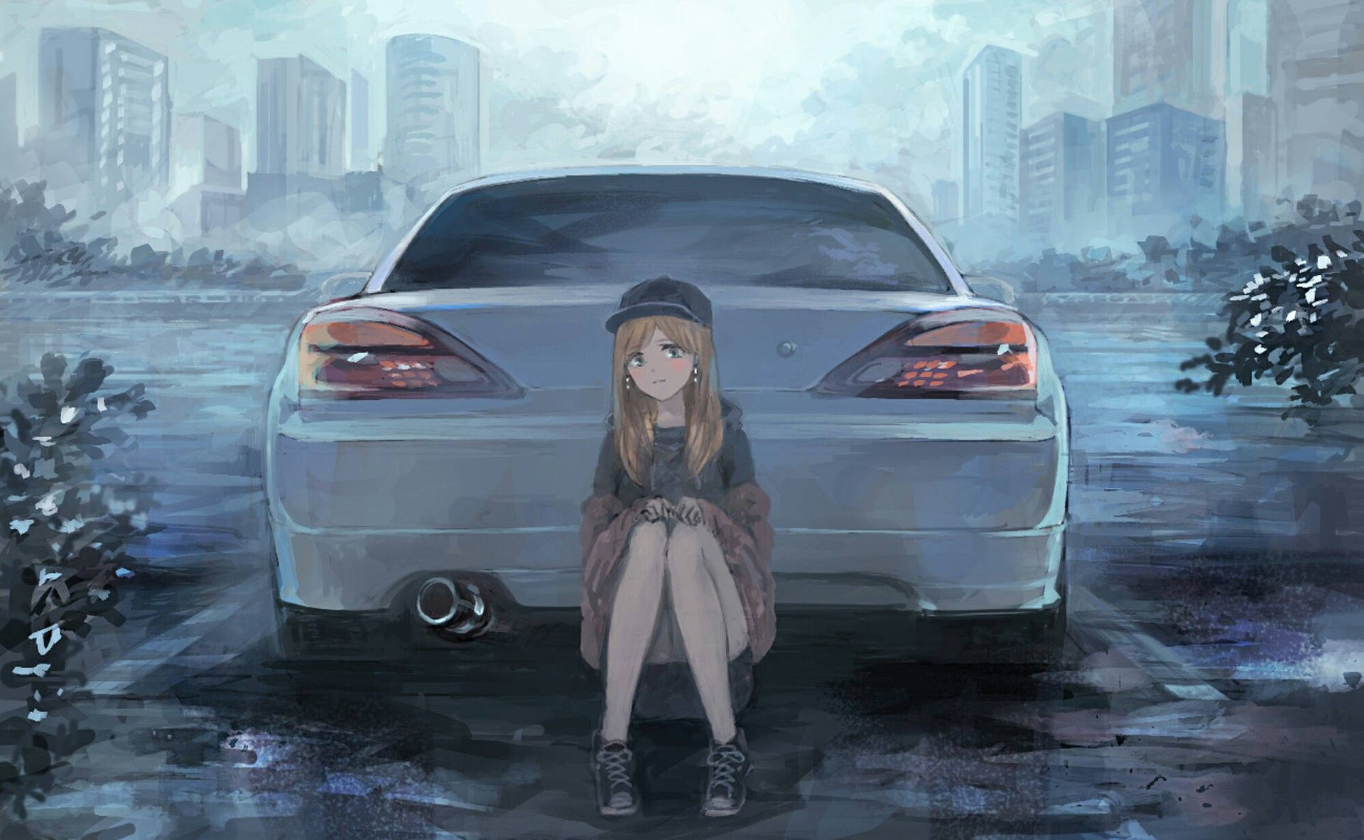動漫女孩坐在雨中城市景觀的汽車旁，背景是朦朧的天際線。
