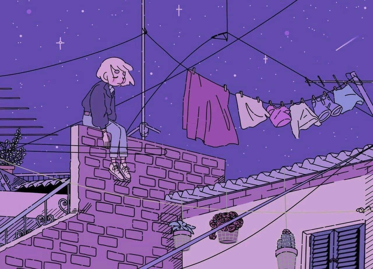 動漫 桌布 壁紙 — 一個孤獨的動漫女孩坐在磚牆上，頭頂是繁星點點的紫色夜空，附近晾著衣物。