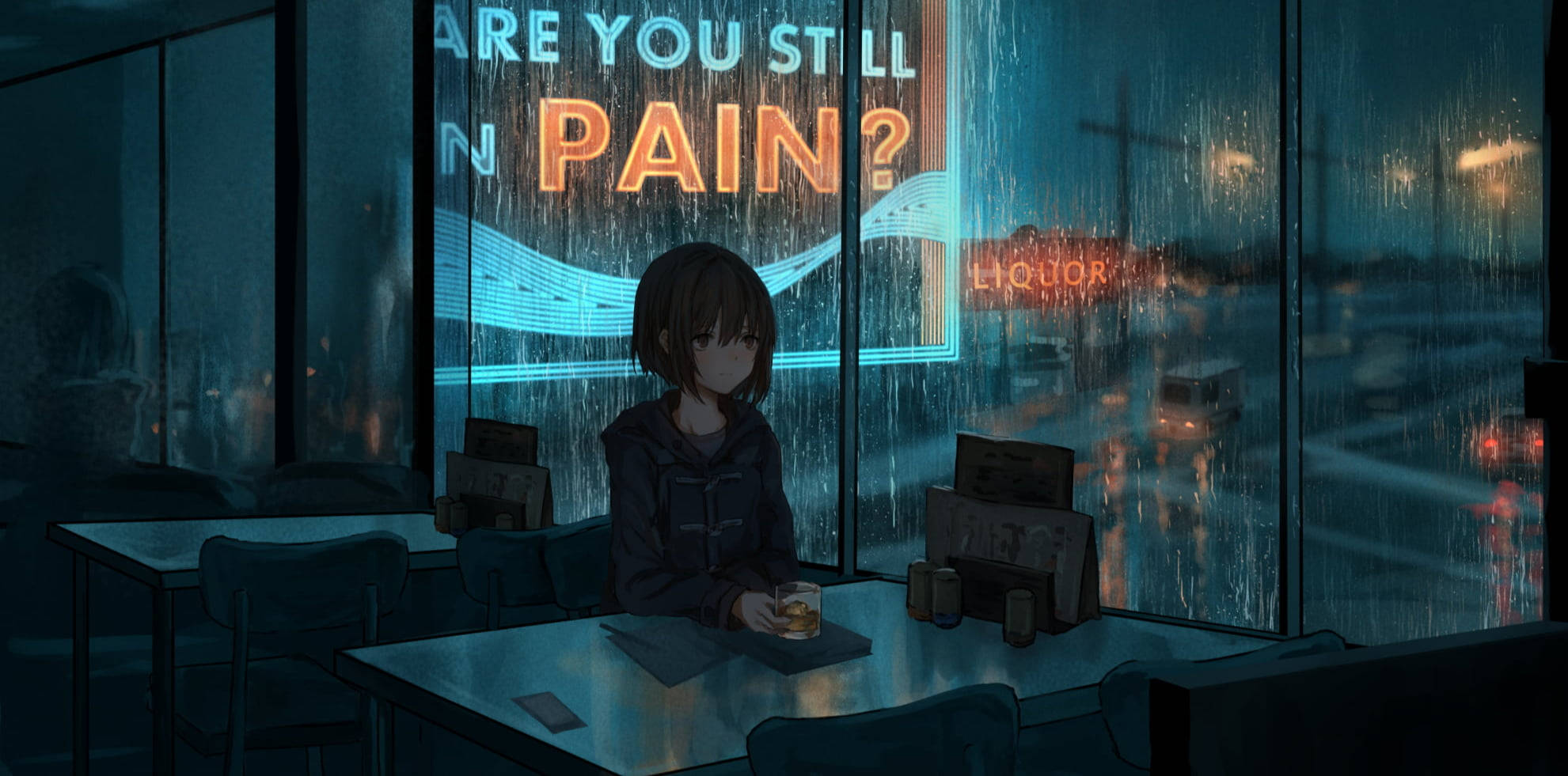 動漫女孩 桌布 壁紙 — 一個孤獨的動漫女孩坐在被雨水打濕的咖啡館窗邊，凝視著一個發光的霓虹燈牌，問她是否仍然感到痛苦。