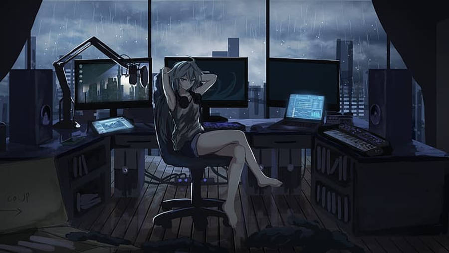 暗黑動漫風格GIF 桌布 壁紙 — 一個孤獨的動漫女孩坐在雜亂的書桌前，身處雨夜的城市景觀中，周圍環繞著顯示器和音頻設備。