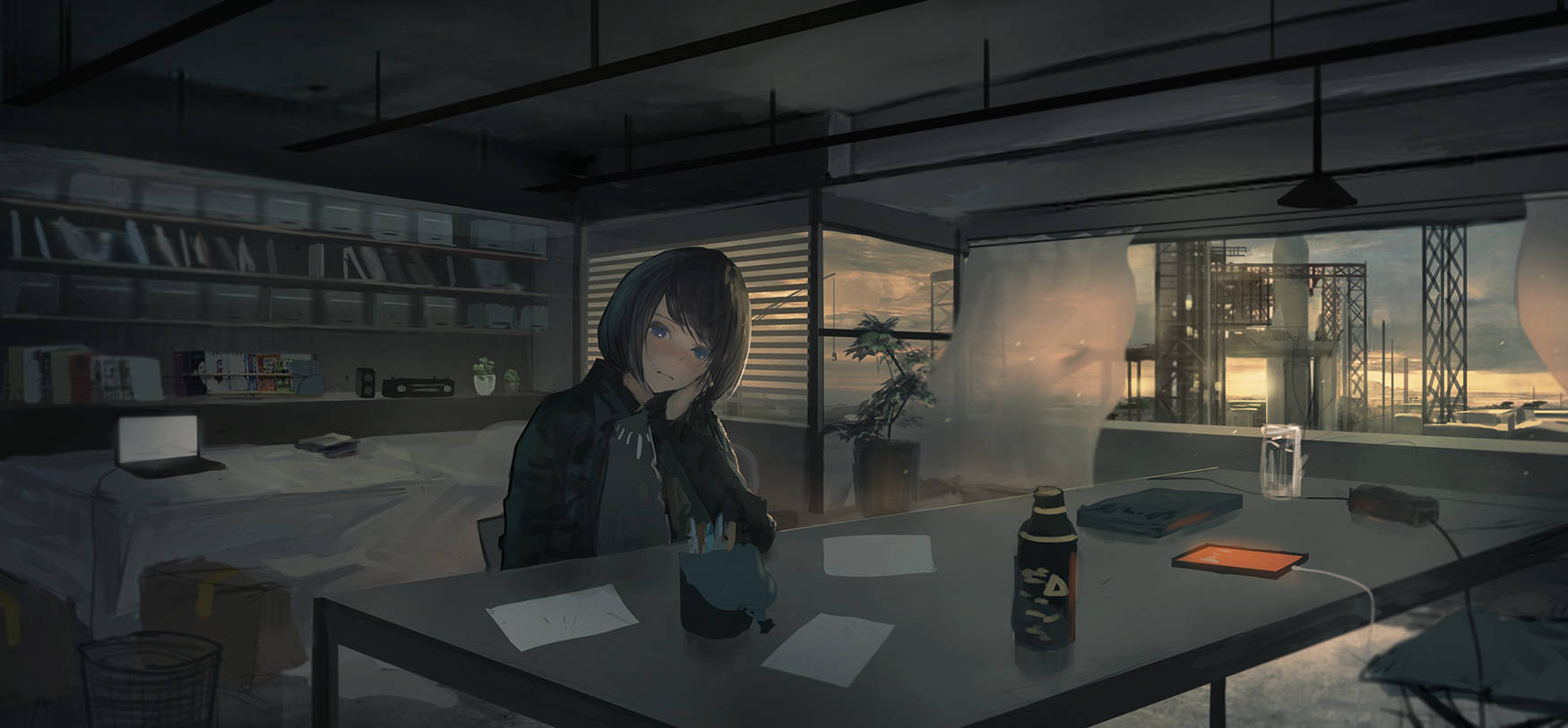 Sad Girl 桌布 壁紙 — 一個孤獨的動漫女孩坐在雜亂的書桌前，房間光線昏暗，現代風格，夕陽透過大窗戶照進來。