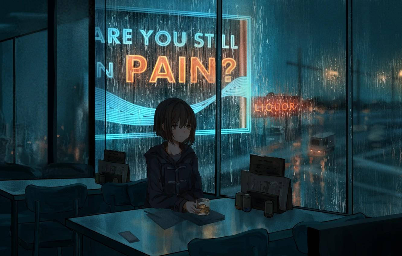 動漫女孩 桌布 壁紙 — 一個孤獨的動漫女孩坐在雨夜酒吧的窗邊，凝視著一個發光的霓虹燈牌，問她是否仍然感到痛苦。