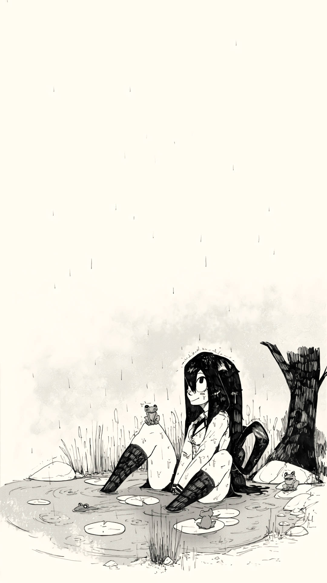 動漫女孩 桌布 壁紙 — 一個孤獨的動漫女孩坐在雨點斑駁的池塘邊，有青蛙和睡蓮，天空柔和灰暗。