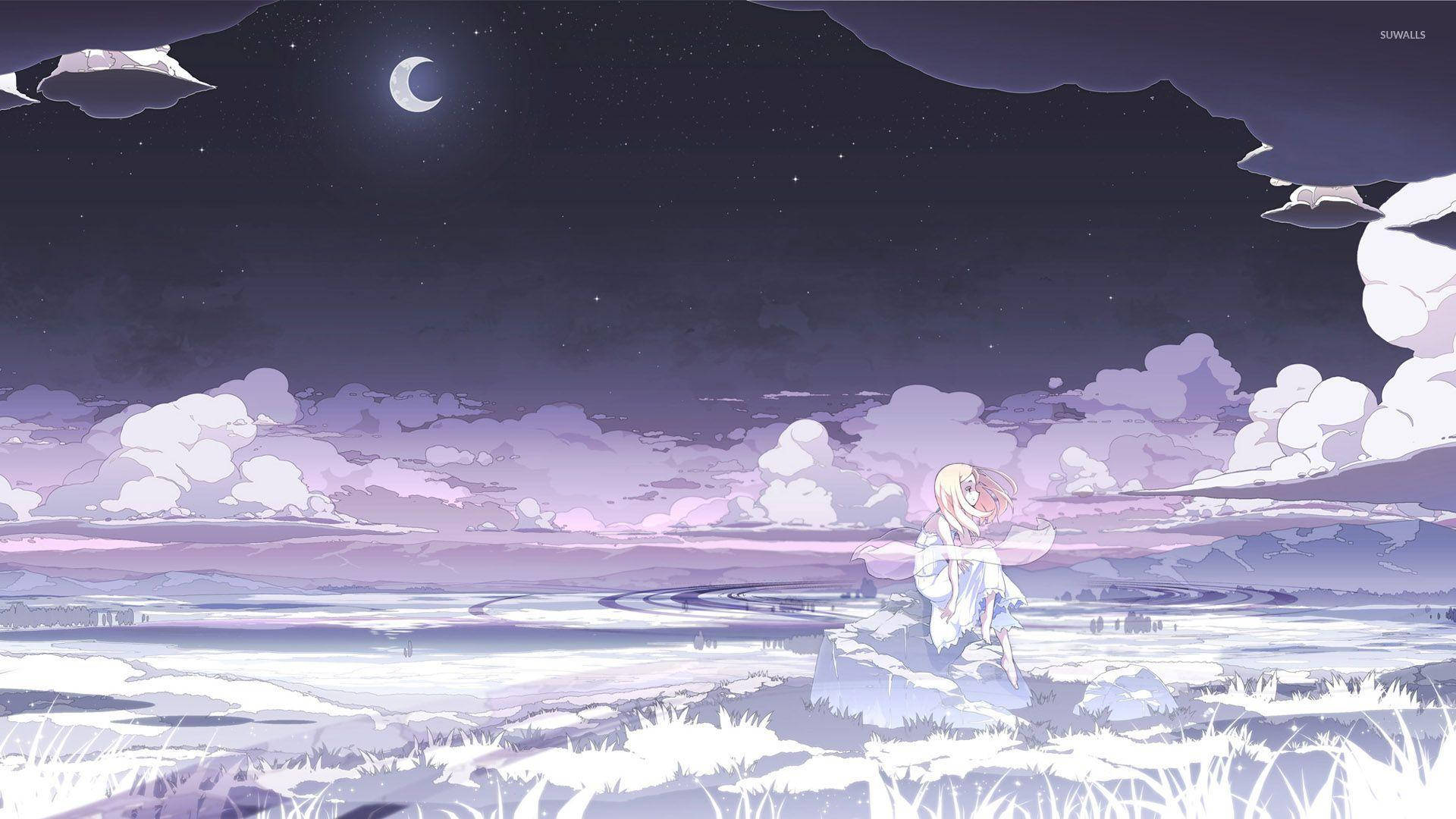 動漫女孩 桌布 壁紙 — 一個孤獨的動漫女孩坐在雪地上，新月和繁星點點的紫色天空下，有蓬鬆的雲朵。