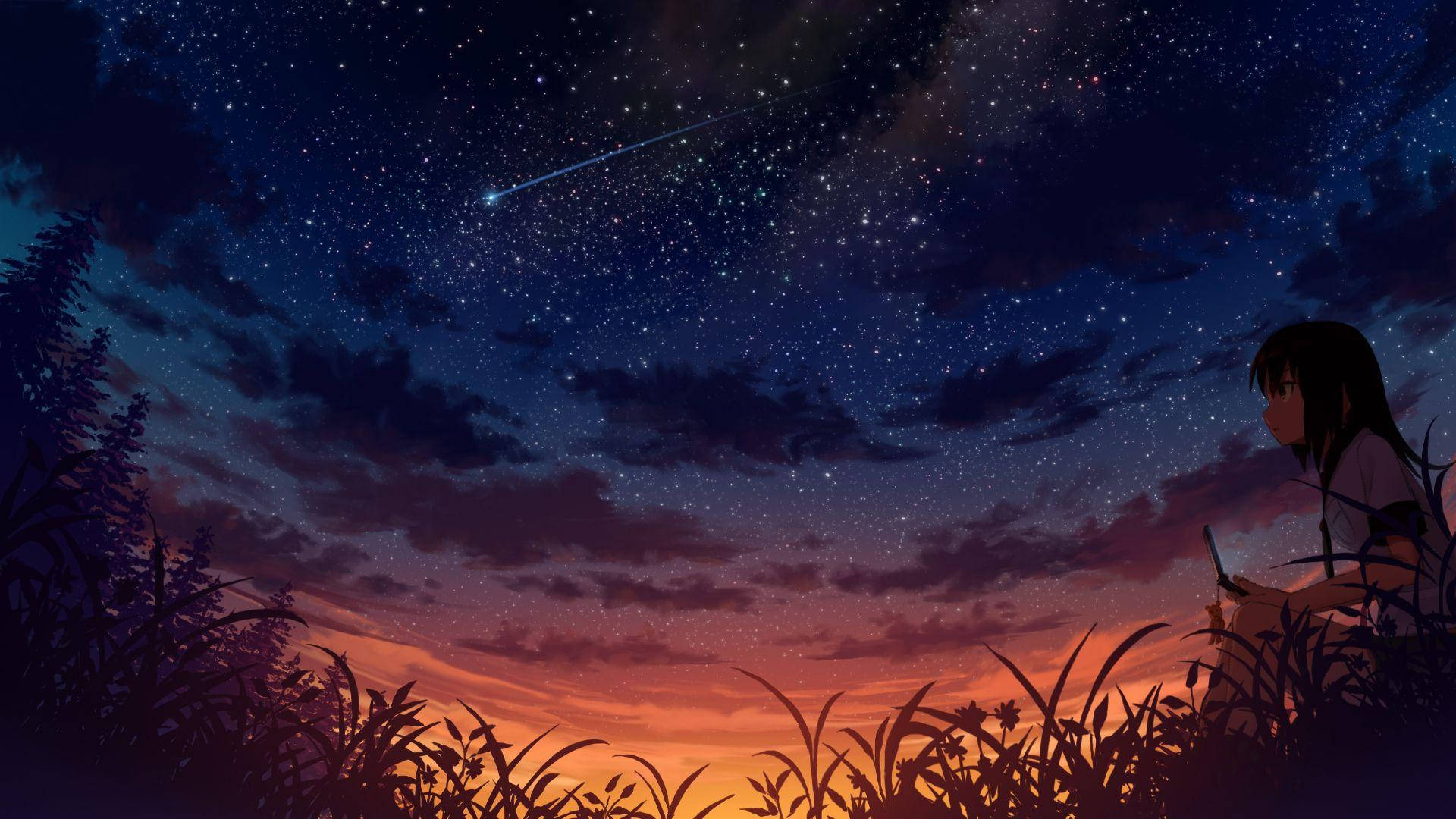 夜空 桌布 壁紙 — 一個孤獨的動漫女孩坐在高高的草叢中，凝視著劃過流星、充滿活力的暮色天空。