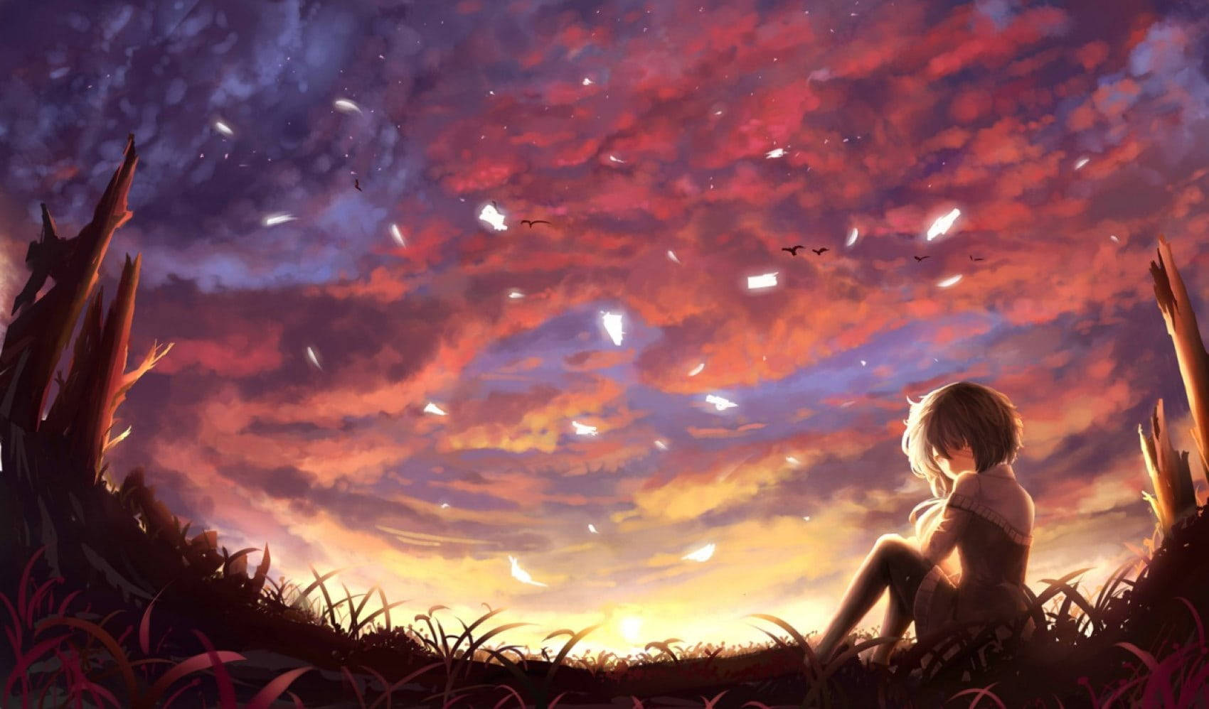 aesthetic sad anime girl 桌布 壁紙 — 一個孤獨的動漫女孩坐在高高的草叢中，凝視著充滿漂浮紙燈籠和鳥類的鮮豔日落天空。