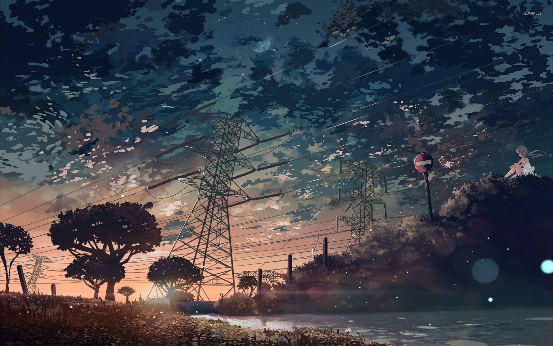 夕陽天空 桌布 壁紙 — 一個孤獨的動漫女孩坐在黃昏的山丘上，旁邊是電線，下方是星光燦爛的夜空。