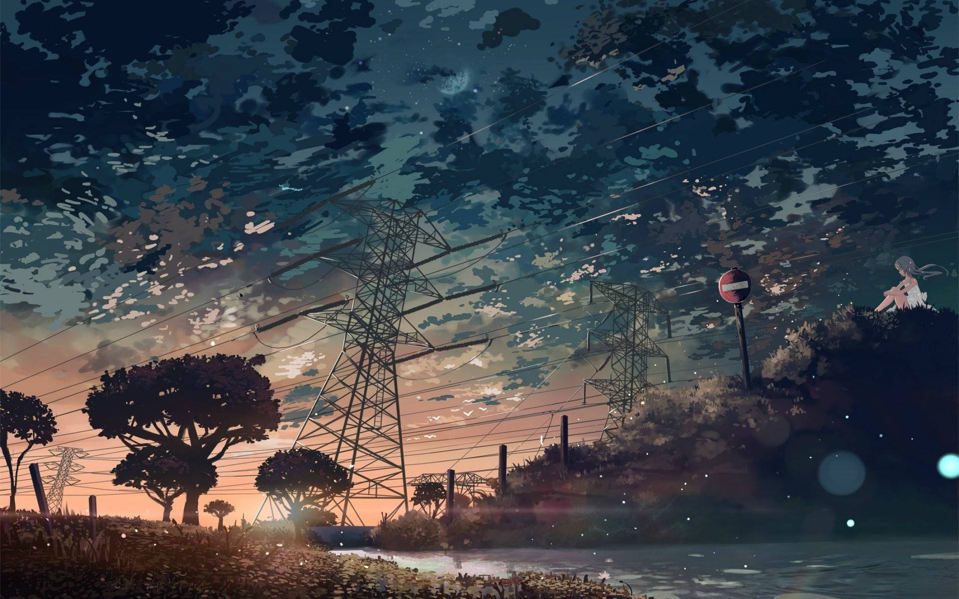 美學藝術 桌布 壁紙 — 一個孤獨的動漫女孩坐在黃昏的山丘上，凝視著橫跨夢幻天空的電線，天空點綴著星星和柔軟的雲朵。