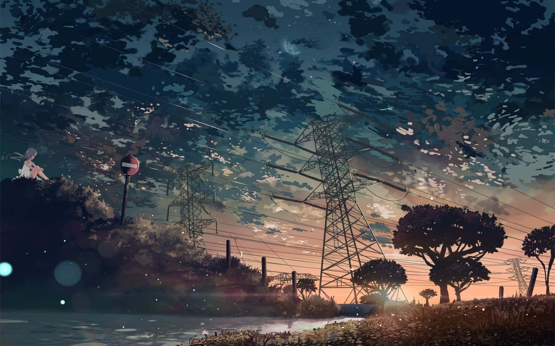 Aesthetic Ghibli 桌布 壁紙 — 一個孤獨的動漫女孩坐在黃昏的山頂上，凝視著星空下的電線和樹木。