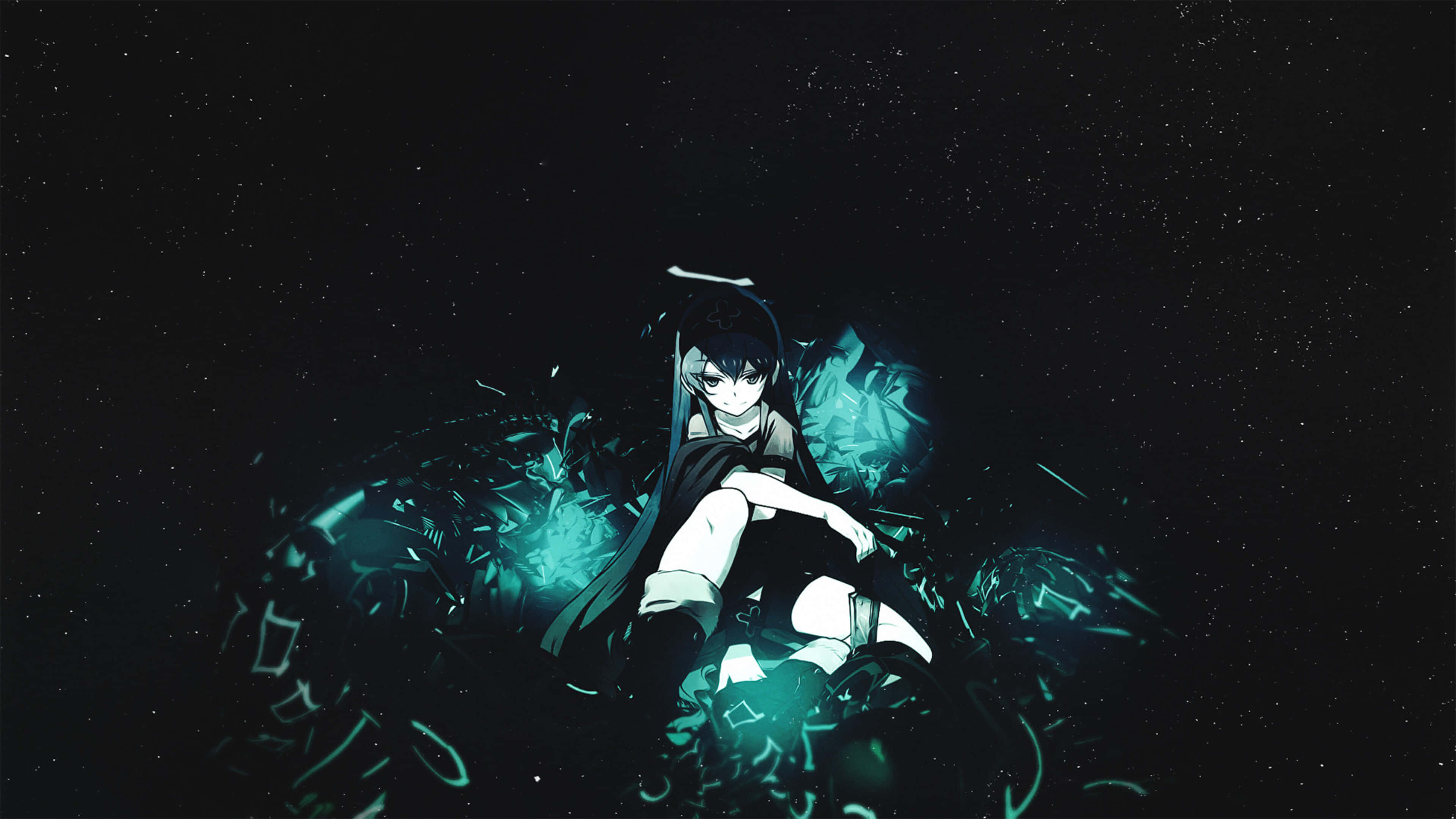 Akame Ga Kill 4K 桌布 壁紙 — 一個孤獨的動漫女孩帶著發光的青綠色能量，坐在星空下漂浮的碎片中。