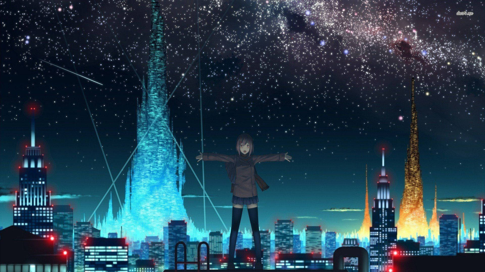 夜空 桌布 壁紙 — 一個孤獨的動漫女孩張開雙臂，站在閃爍的未來城市景觀之上的星空下。