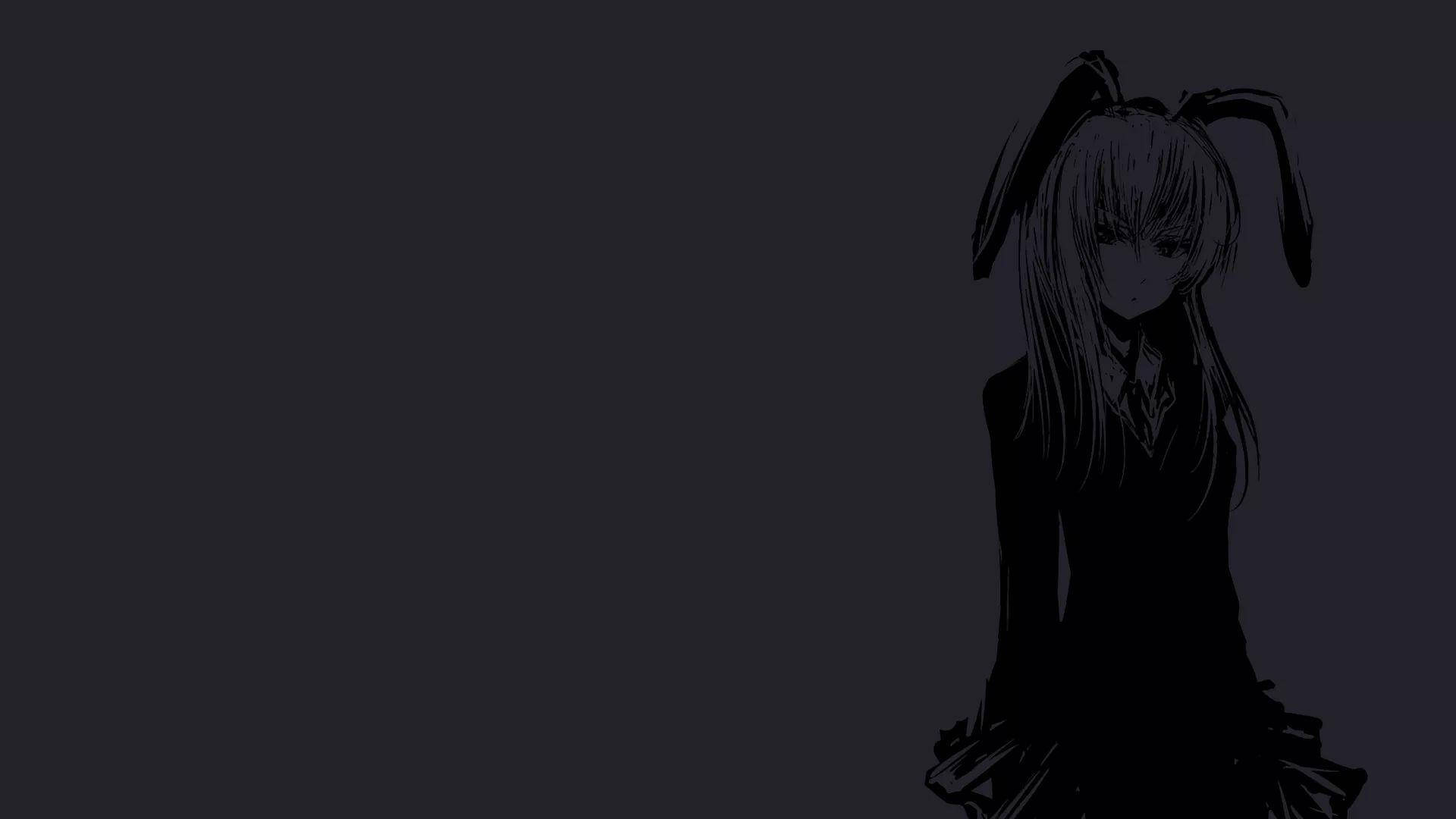黑色動畫gif 桌布 壁紙 — 一個孤獨的動漫女孩戴著兔耳朵，站在陰影黑暗中，她的剪影在深灰色背景下顯得格外清晰。