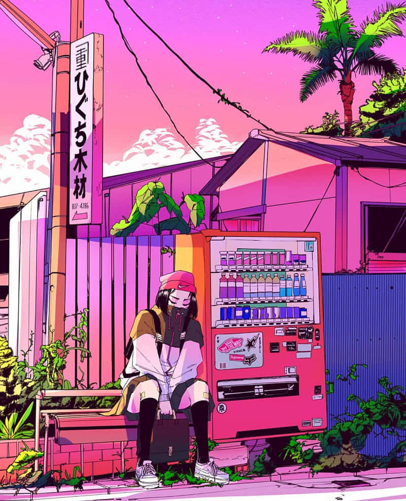 Cool Anime Girl 桌布 壁紙 — 一個孤獨的動漫女孩戴著粉紅色帽子，坐在長椅上，旁邊是一台充滿活力的粉紅色自動販賣機，背景是超現實的洋紅色天空。